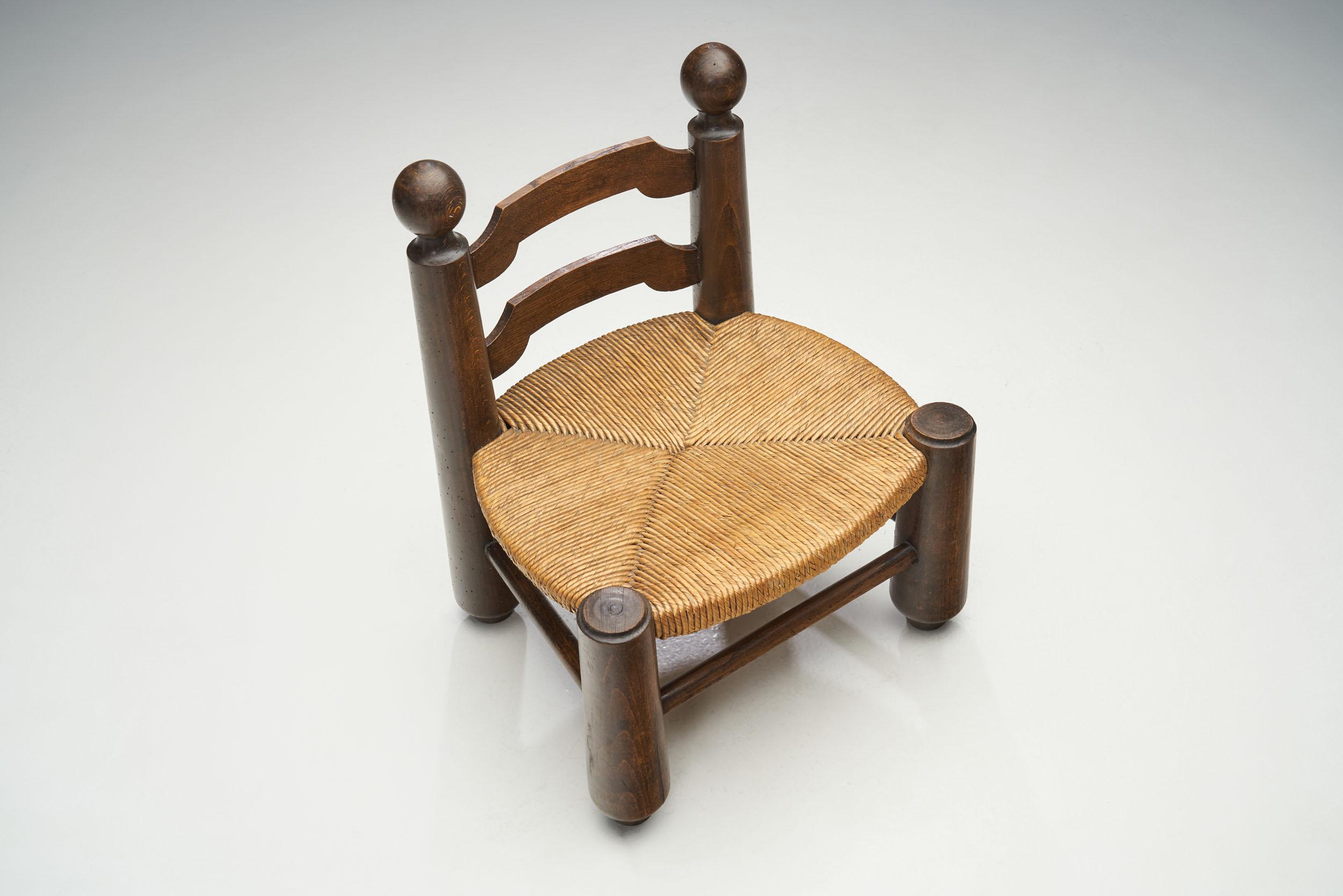 French Small Wood and Wicker Turned Chair by Charles Dudouyt, France, 1940s For Sale