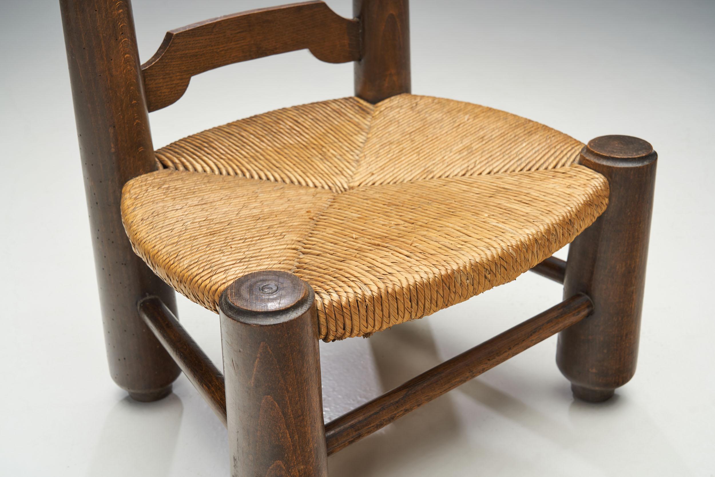 Mid-20th Century Small Wood and Wicker Turned Chair by Charles Dudouyt, France, 1940s For Sale