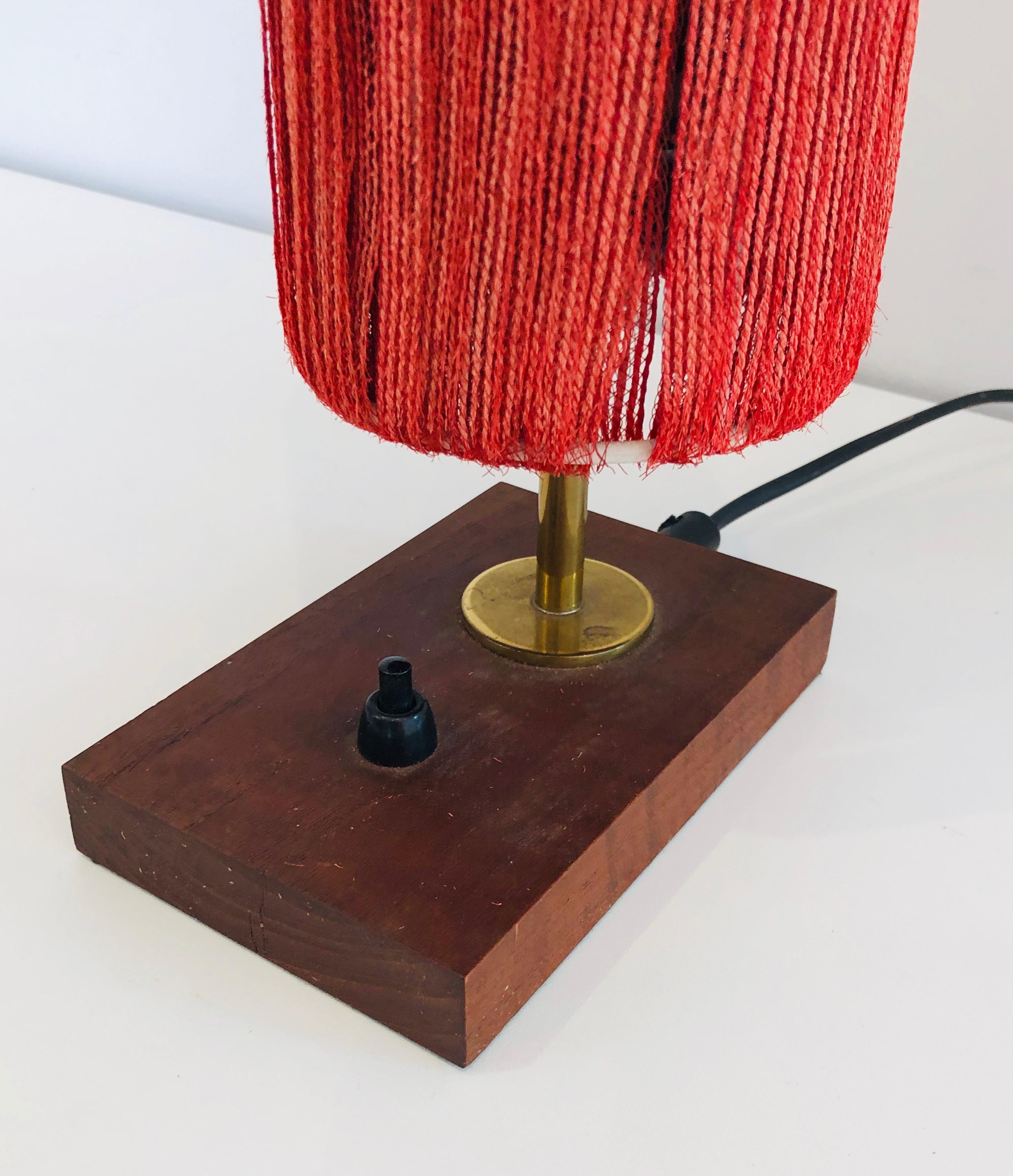 Mid-Century Modern Small Wood, Brass and Wool Table Lamp For Sale