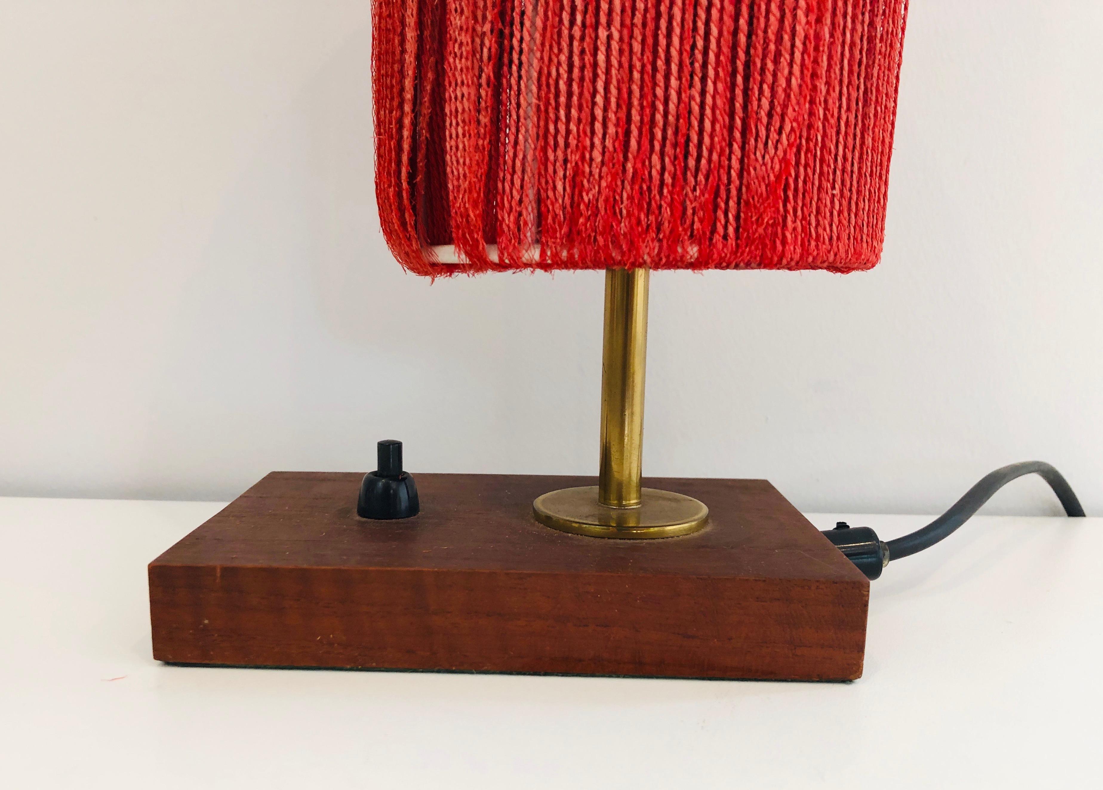 French Small Wood, Brass and Wool Table Lamp For Sale