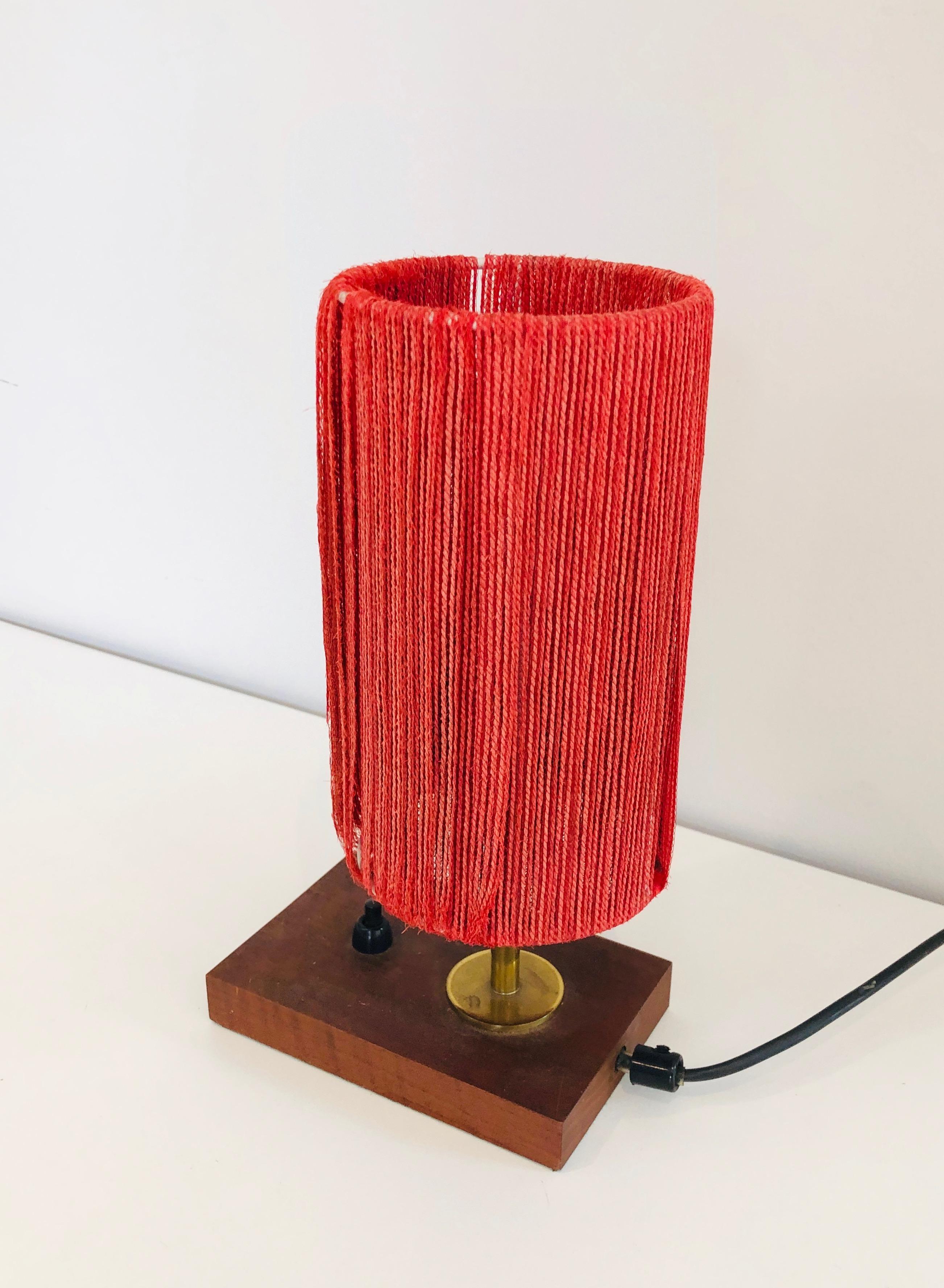 Small Wood, Brass and Wool Table Lamp For Sale 1