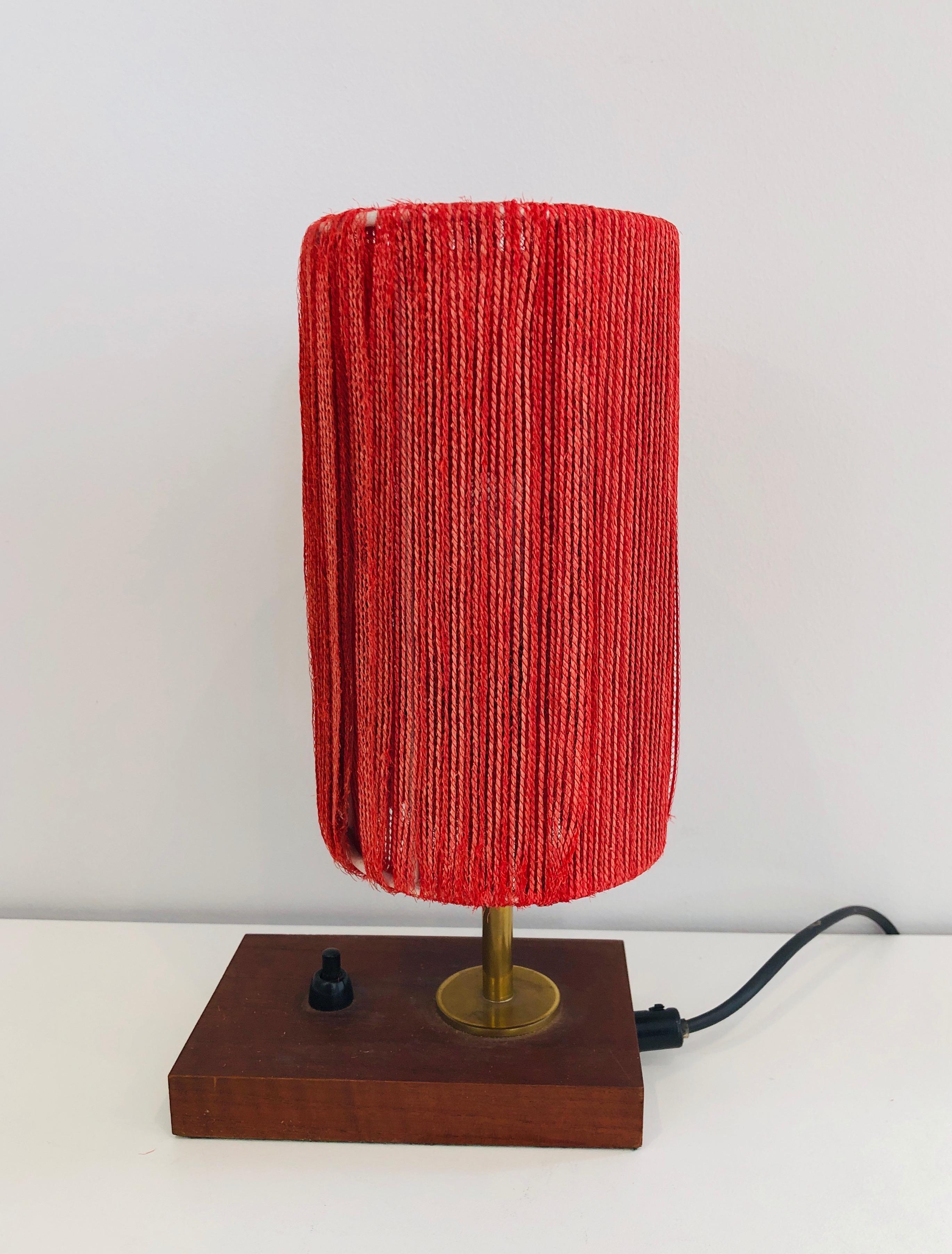 Small Wood, Brass and Wool Table Lamp For Sale 2