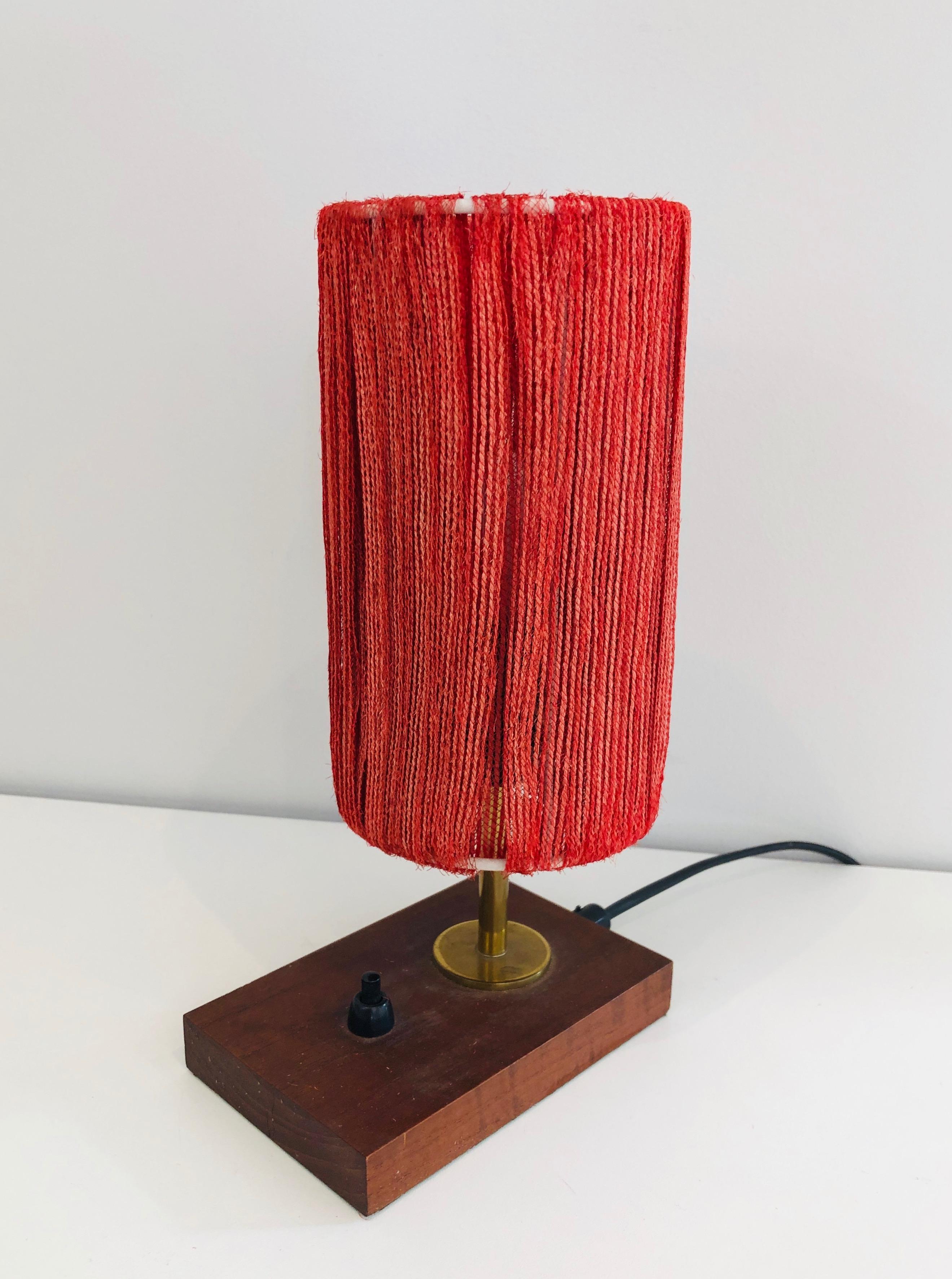 Small Wood, Brass and Wool Table Lamp For Sale 3
