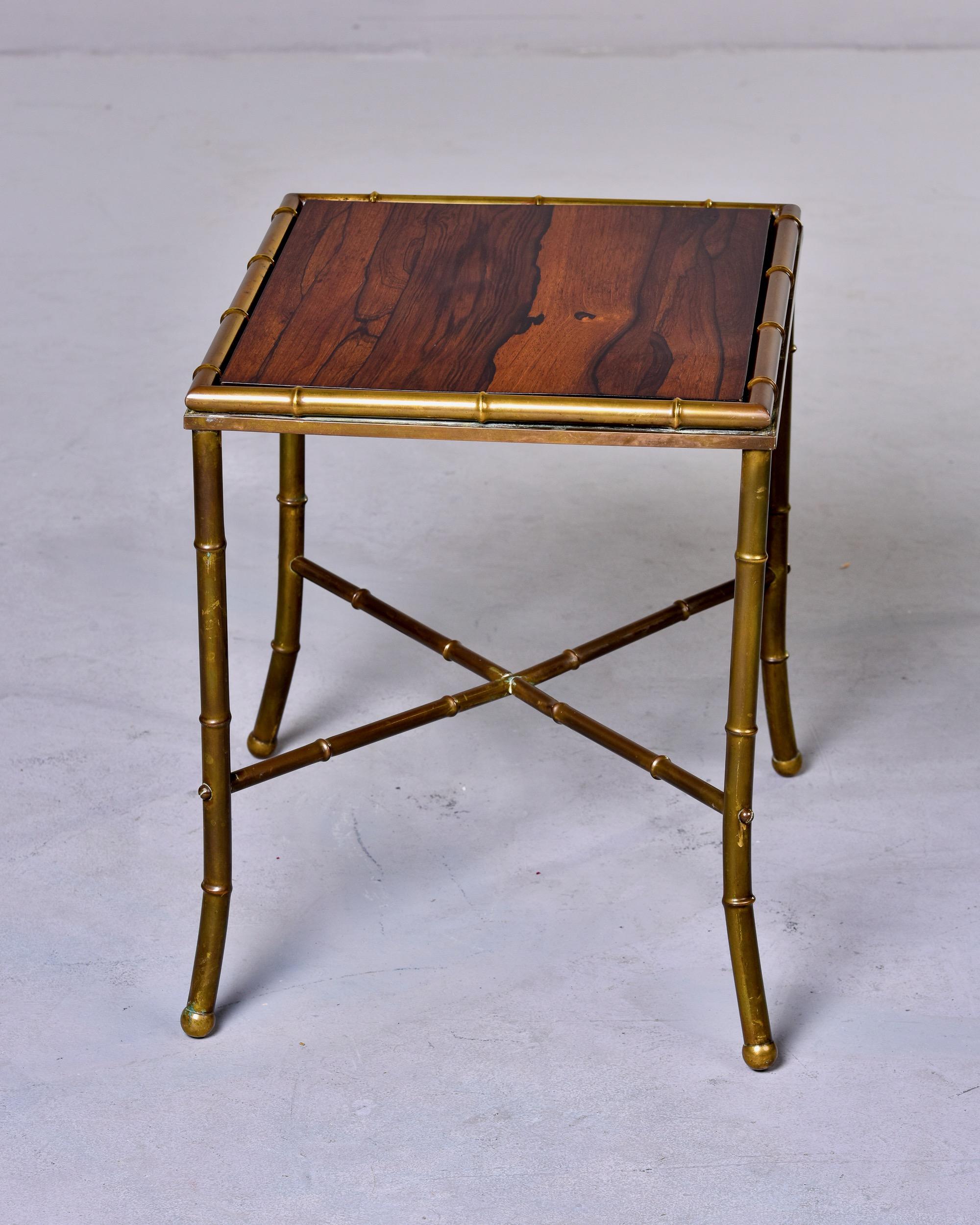 Mid-Century Modern Small Wood Top Side Table with Brass Faux Bamboo Legs For Sale