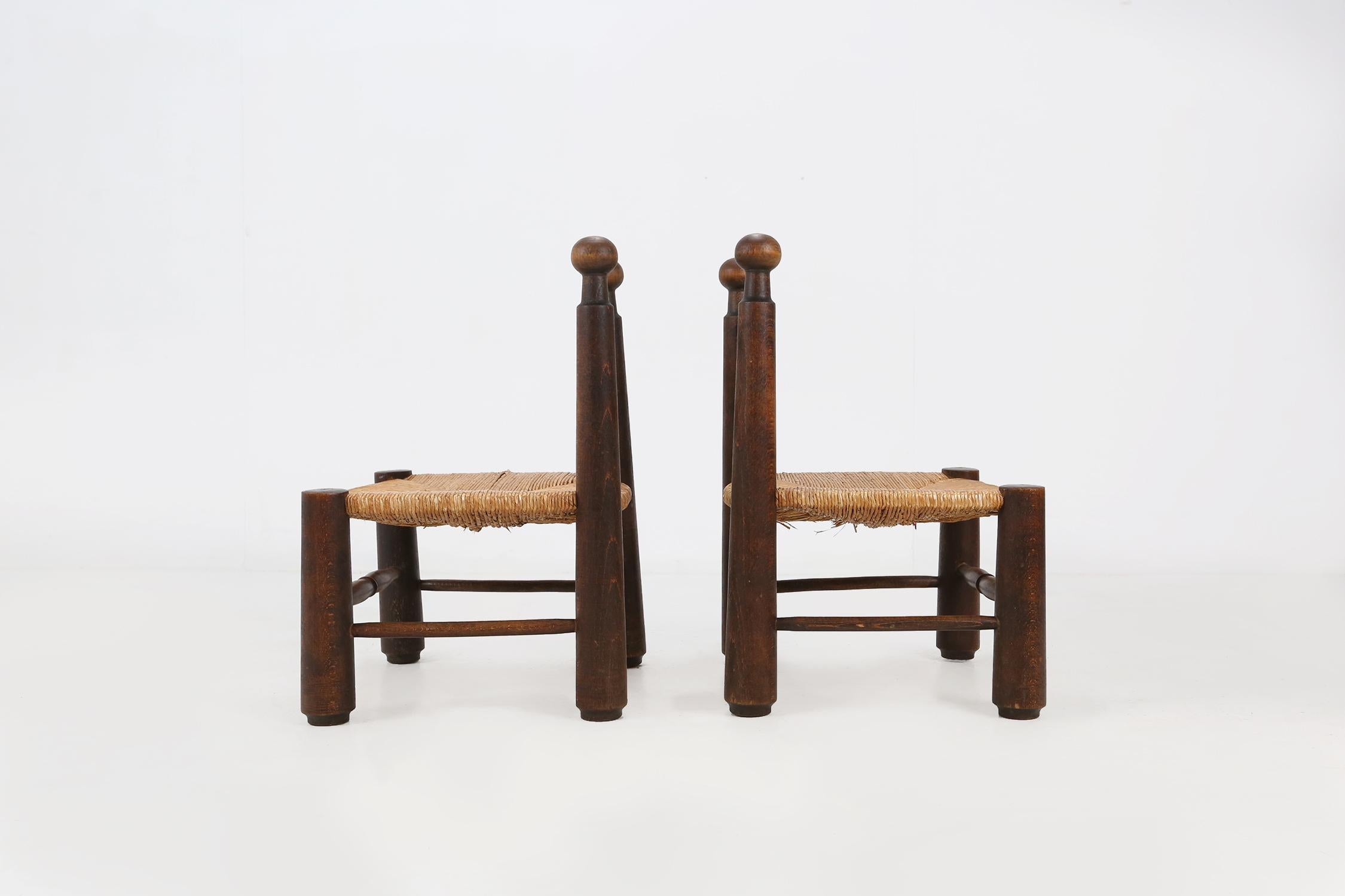 Art Deco Small Wooden and Wicker Chairs by Charles Dudouyt