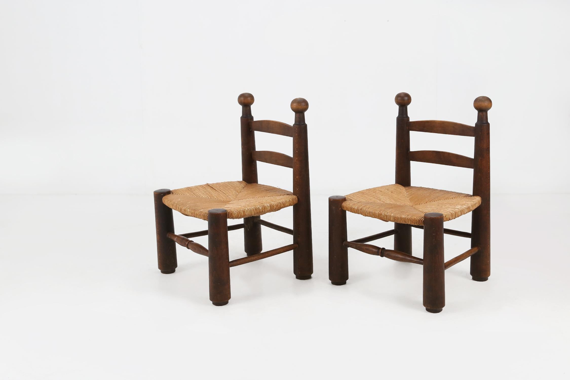 Mid-20th Century Small Wooden and Wicker Chairs by Charles Dudouyt
