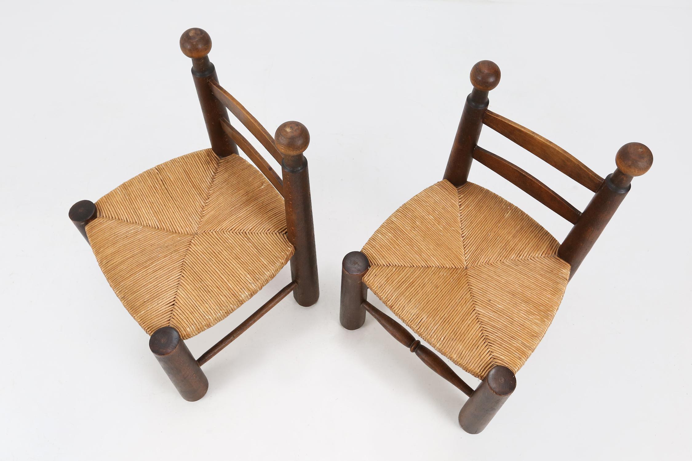 Small Wooden and Wicker Chairs by Charles Dudouyt 1