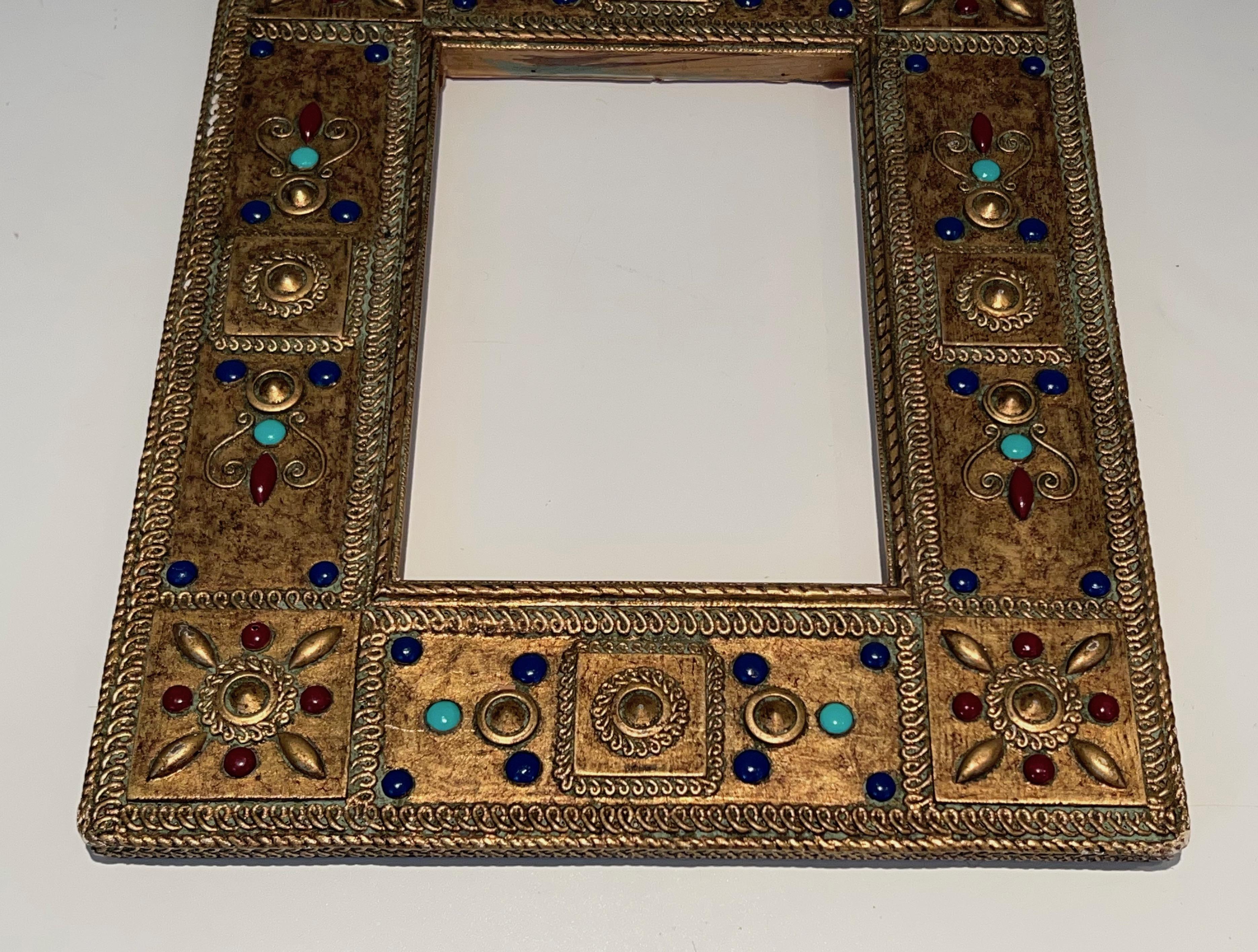 Small Wooden Frame with Fine Stones Incrustations. French Work. Circa 1970 For Sale 6