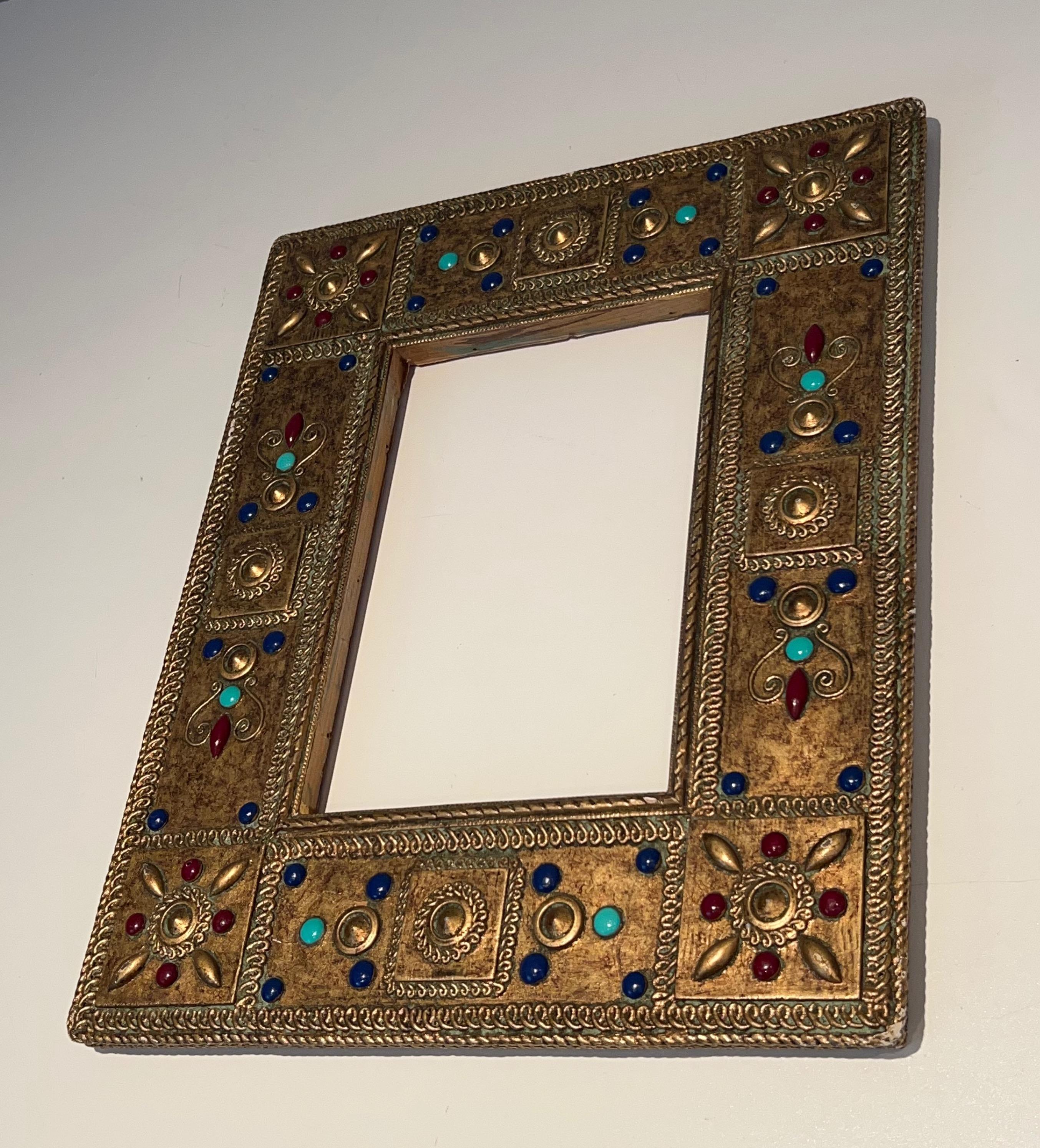 Small Wooden Frame with Fine Stones Incrustations. French Work. Circa 1970 For Sale 7