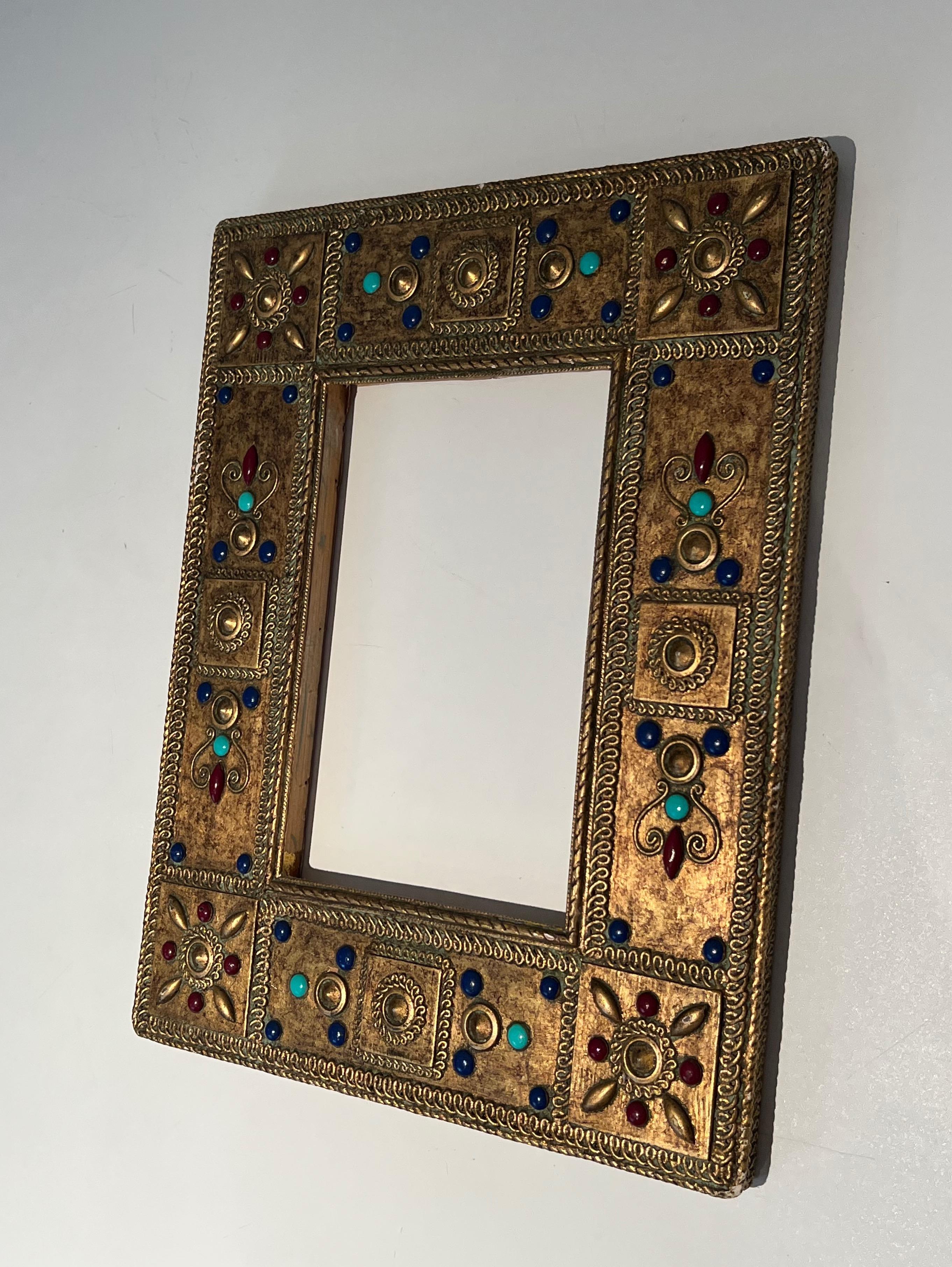 Small Wooden Frame with Fine Stones Incrustations. French Work. Circa 1970 For Sale 11