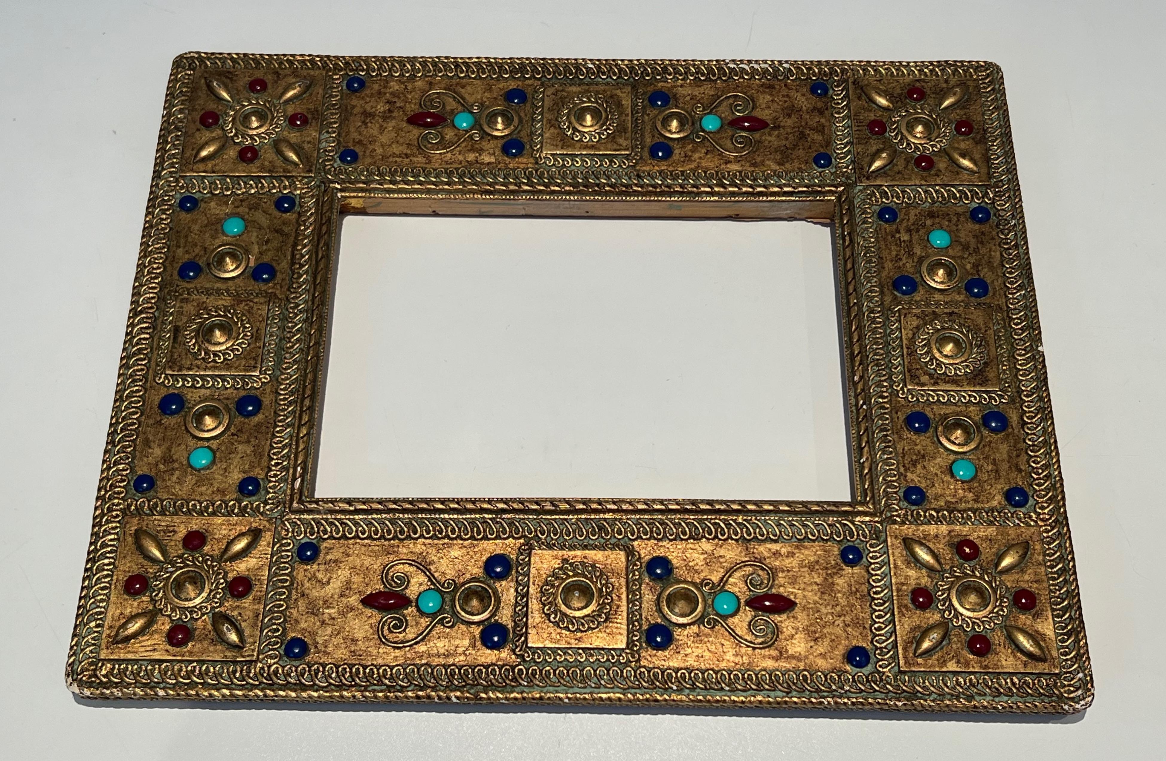 Small Wooden Frame with Fine Stones Incrustations. French Work. Circa 1970 For Sale 13