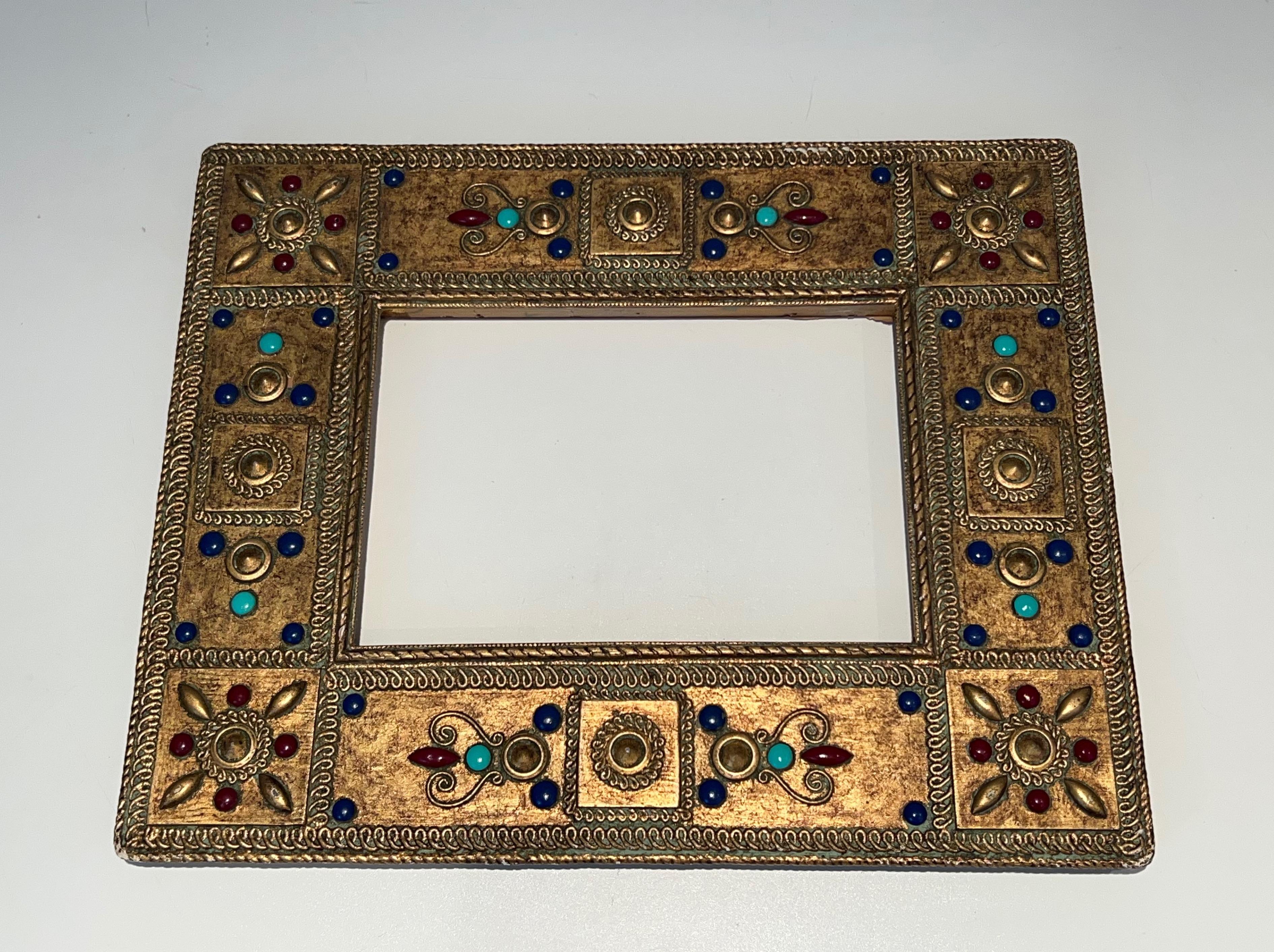Mid-Century Modern Small Wooden Frame with Fine Stones Incrustations. French Work. Circa 1970 For Sale