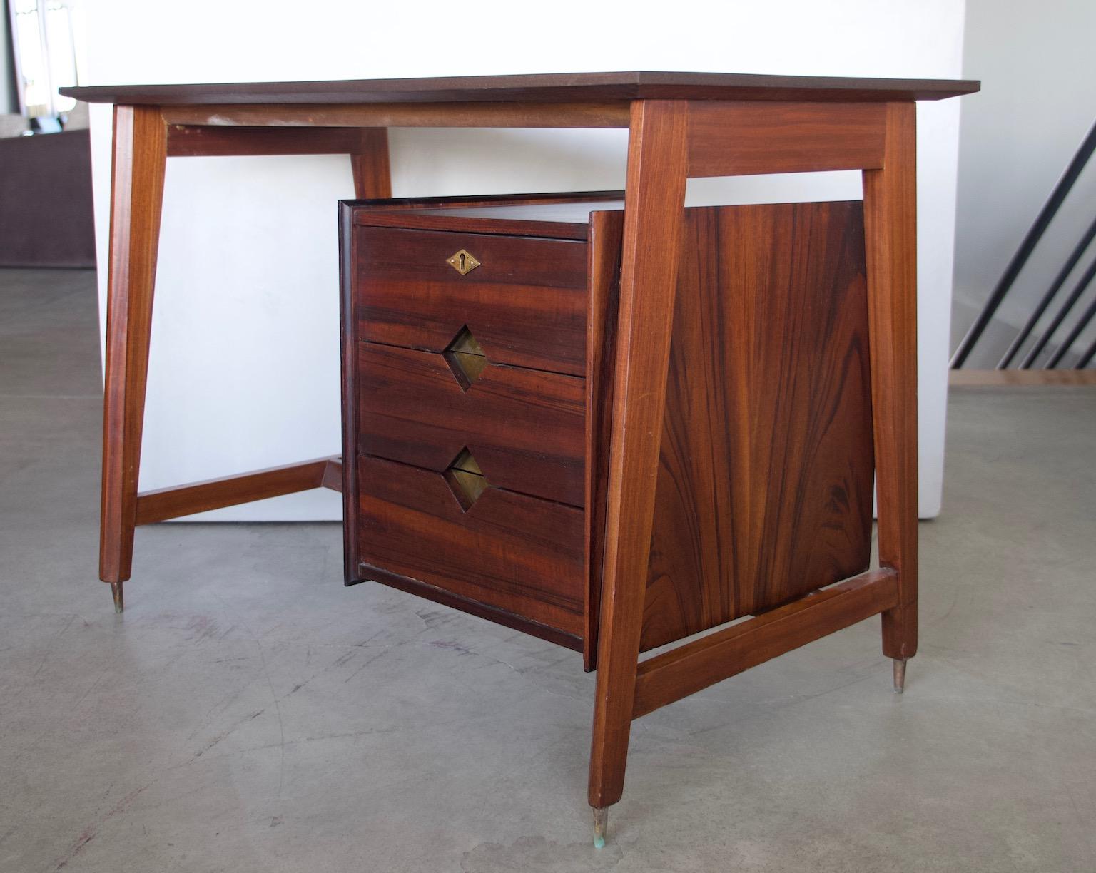 Mid-Century Modern Small Wooden Italian Writing Desk with Brass Details For Sale