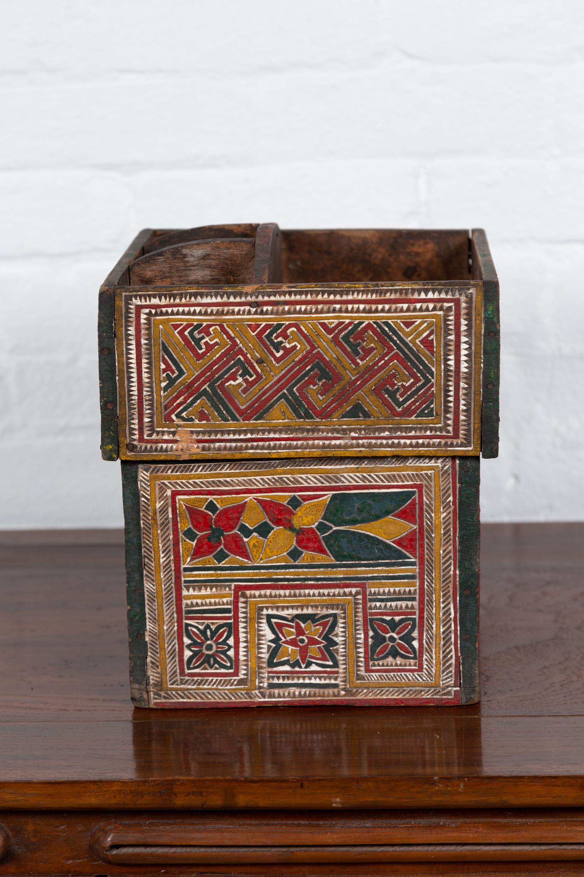 Small Wooden Thai Betel Nut Box with Polychrome Geometrical and Floral Patterns 5
