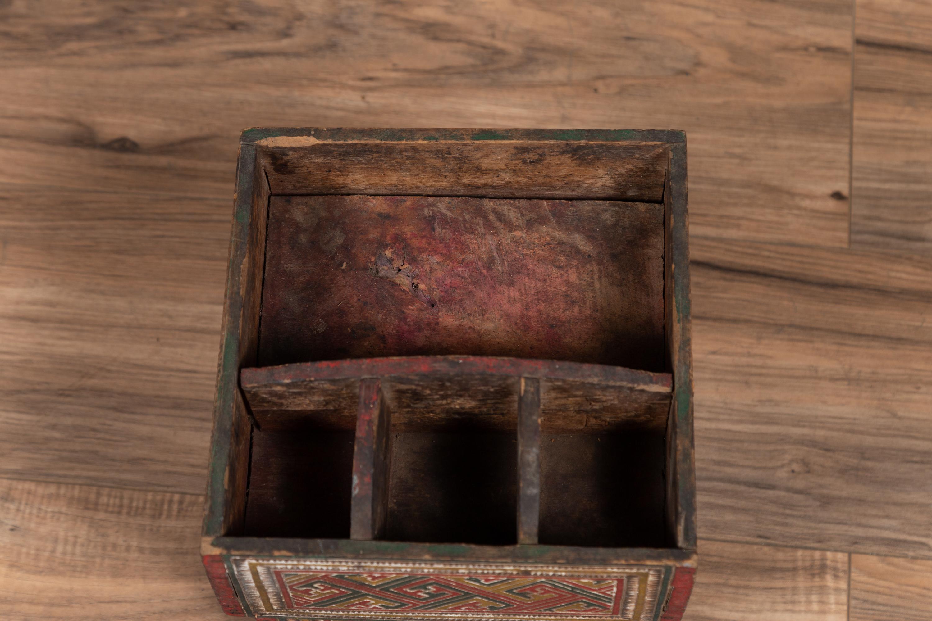 Small Wooden Thai Betel Nut Box with Polychrome Geometrical and Floral Patterns 6