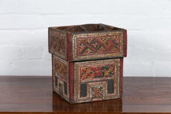 Small Wooden Thai Betel Nut Box with Polychrome Geometrical and Floral Patterns