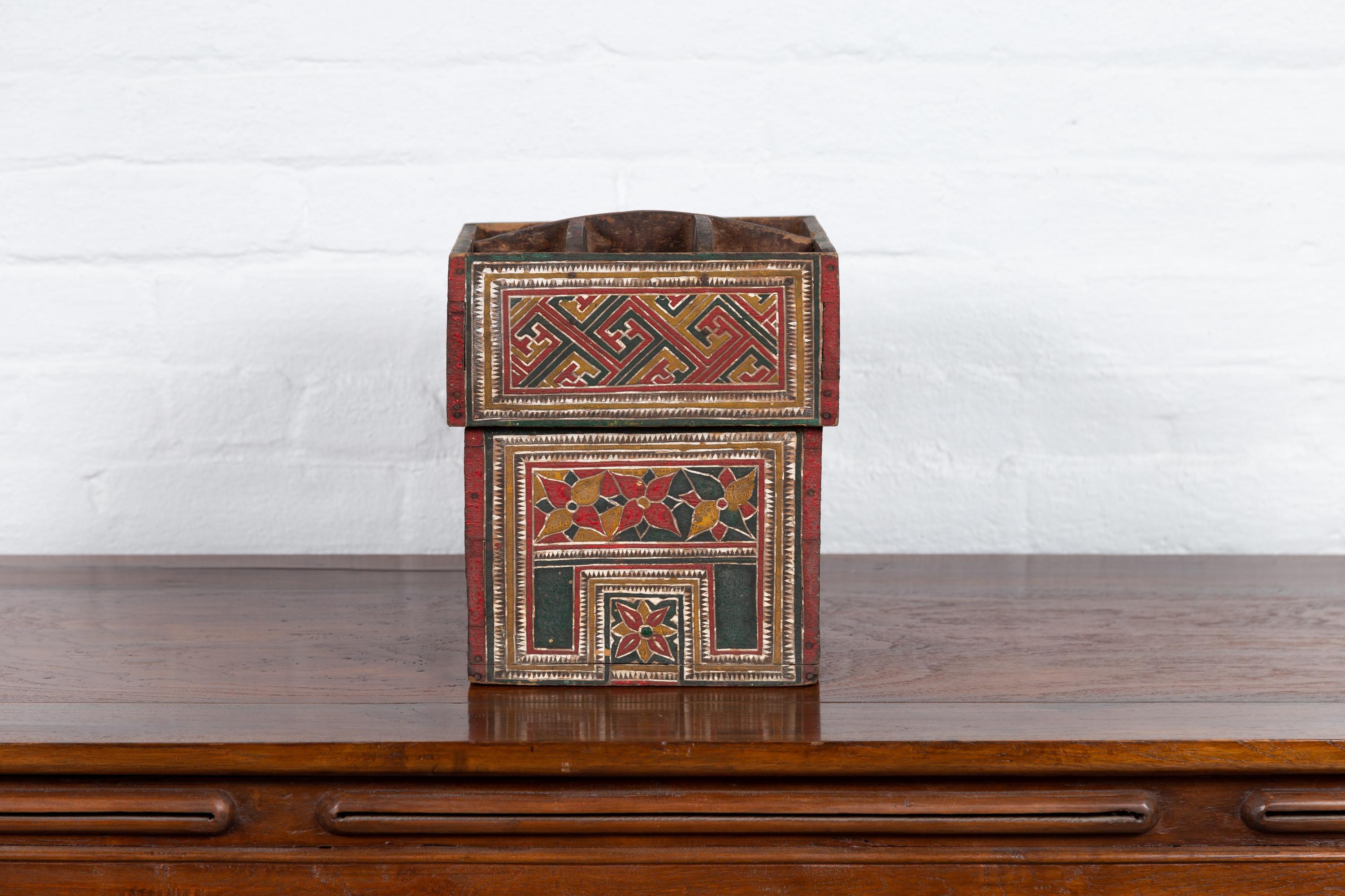 Small Wooden Thai Betel Nut Box with Polychrome Geometrical and Floral Patterns In Fair Condition In Yonkers, NY