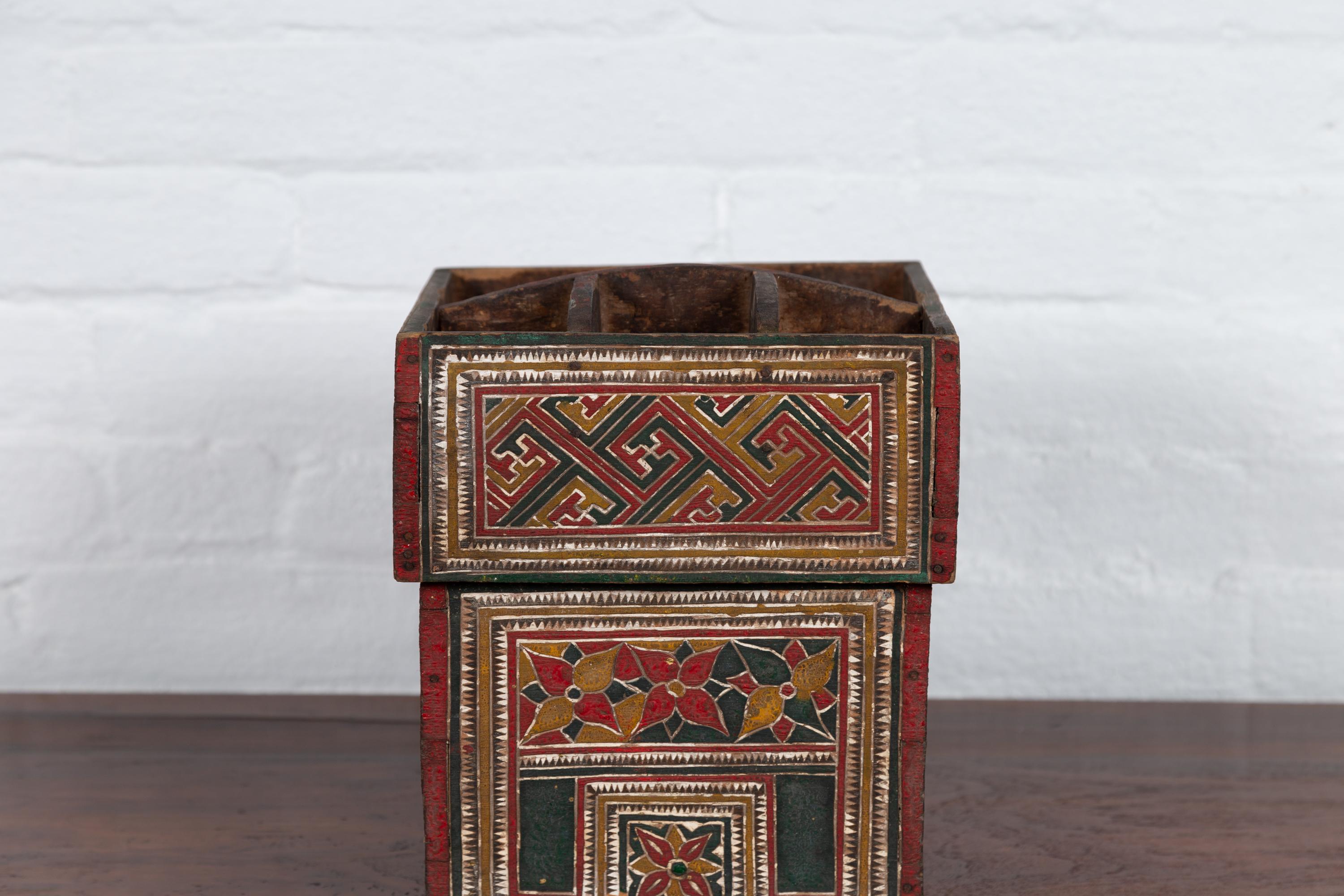 20th Century Small Wooden Thai Betel Nut Box with Polychrome Geometrical and Floral Patterns