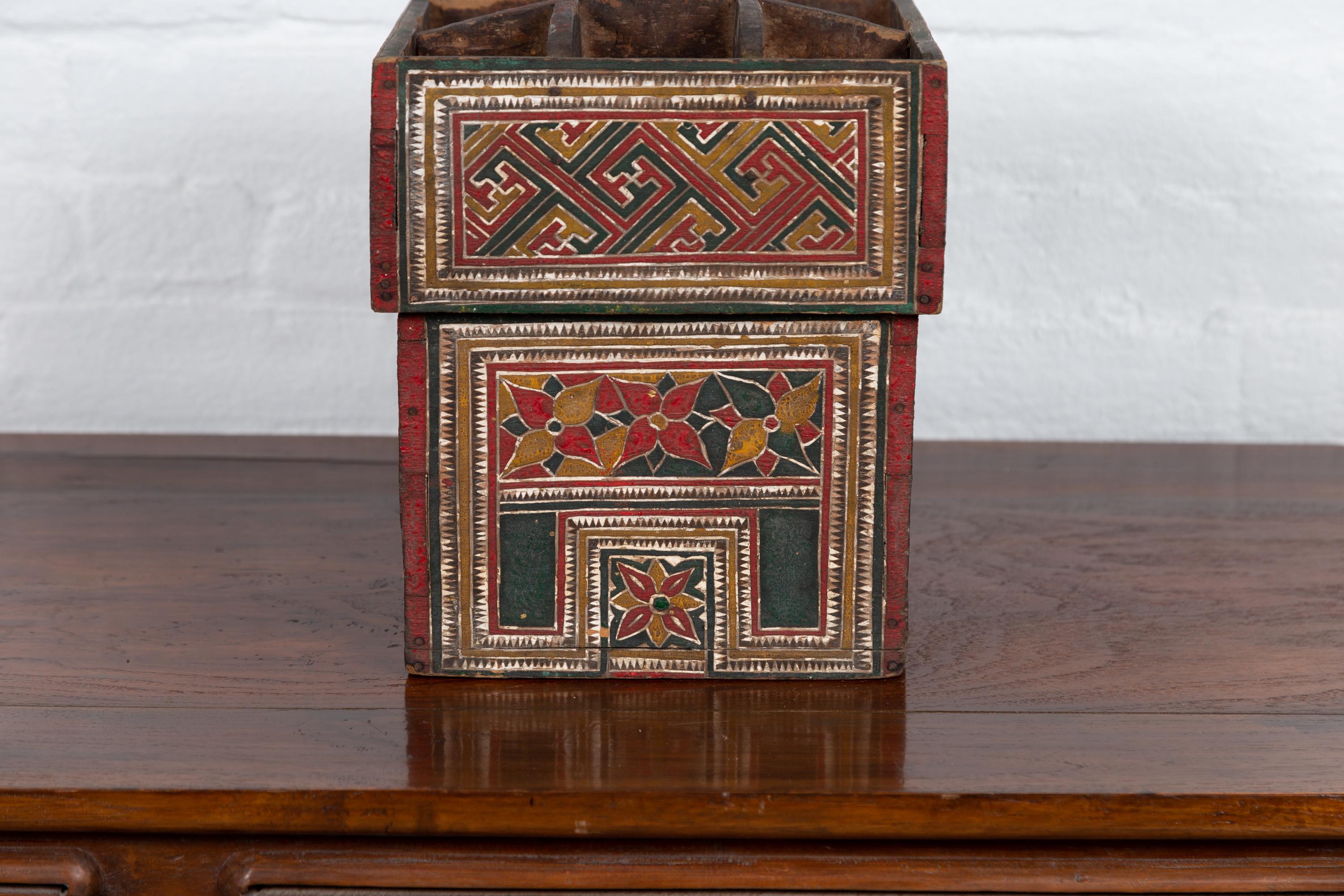Small Wooden Thai Betel Nut Box with Polychrome Geometrical and Floral Patterns 1