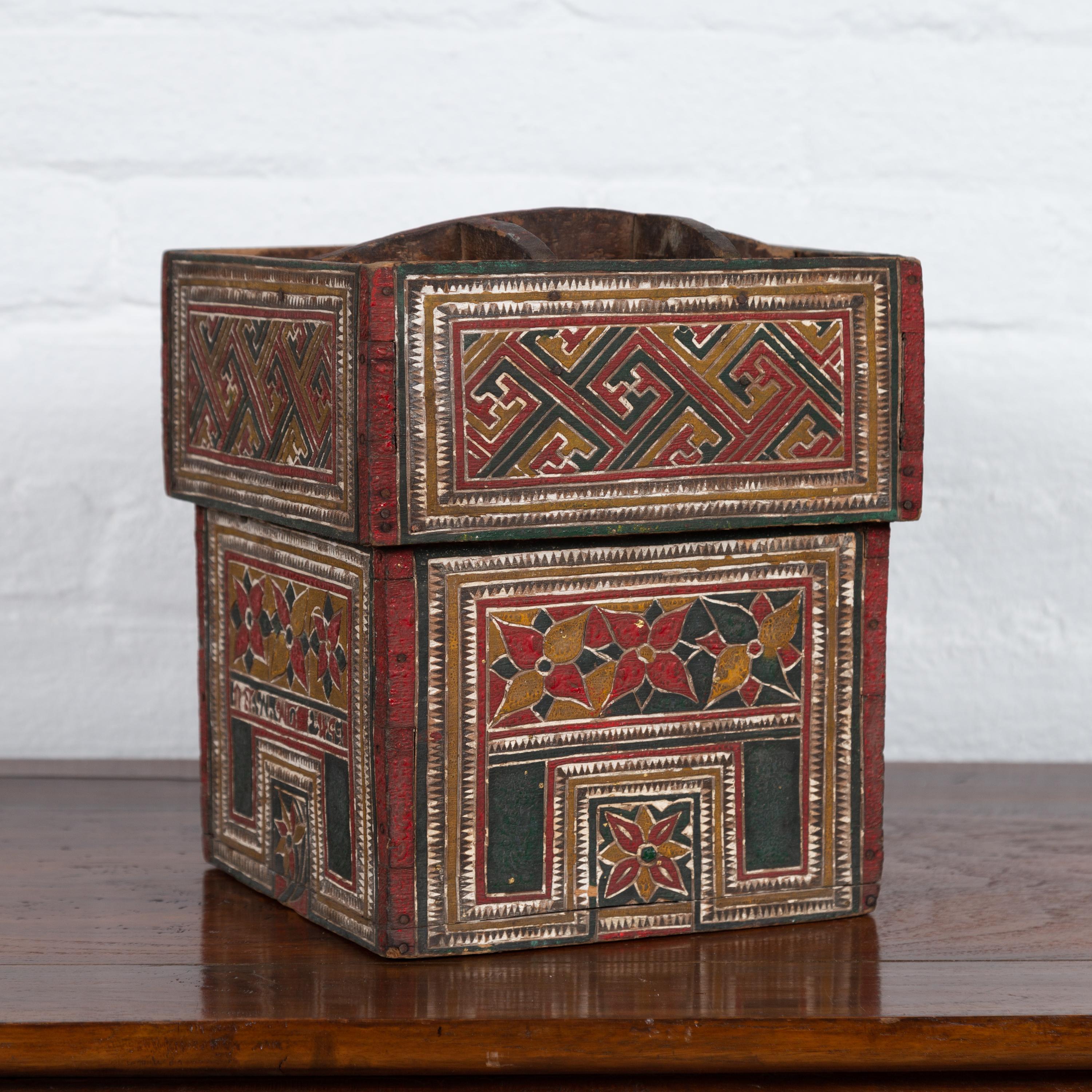 Small Wooden Thai Betel Nut Box with Polychrome Geometrical and Floral Patterns 2