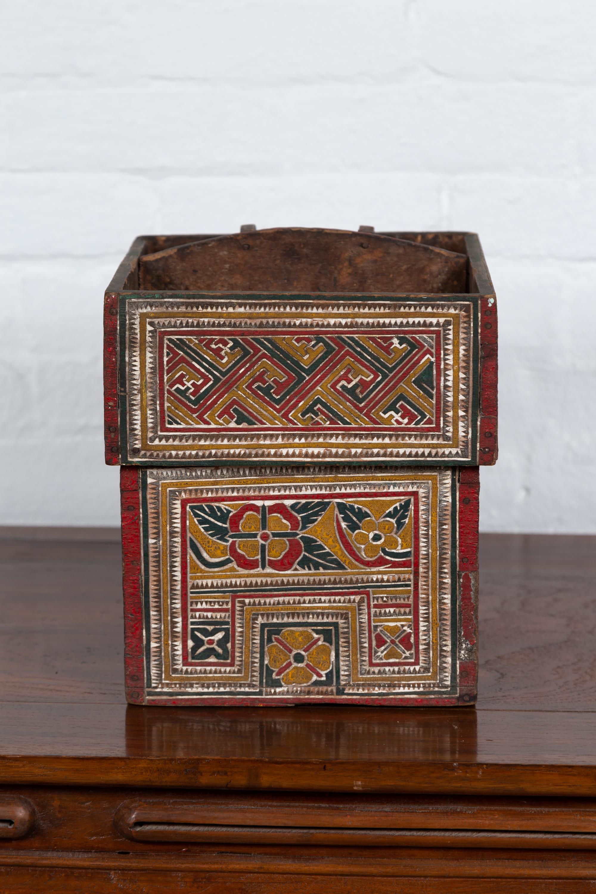Small Wooden Thai Betel Nut Box with Polychrome Geometrical and Floral Patterns 4