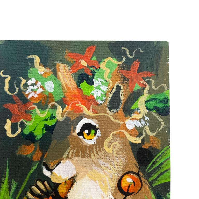 American Small Woodland Creature Painting in Green, Red and Brown For Sale