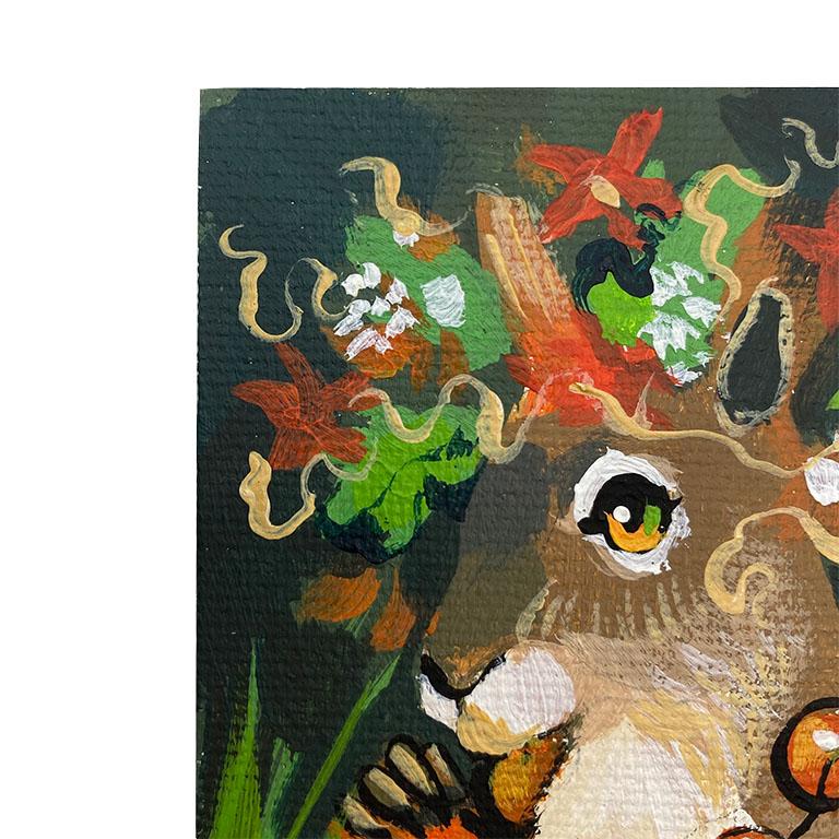 Small Woodland Creature Painting in Green, Red and Brown In Excellent Condition For Sale In Oklahoma City, OK