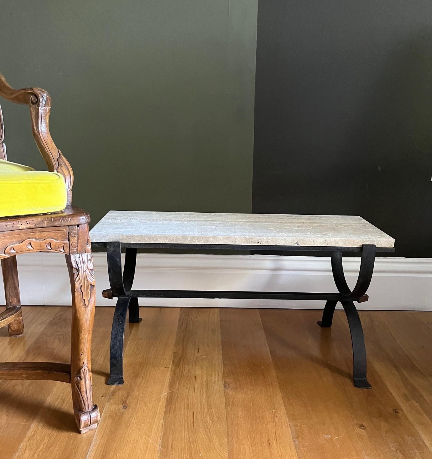 Small Wrought Iron and Travertine Coffee Table, French, c.1950s In Good Condition For Sale In London, GB