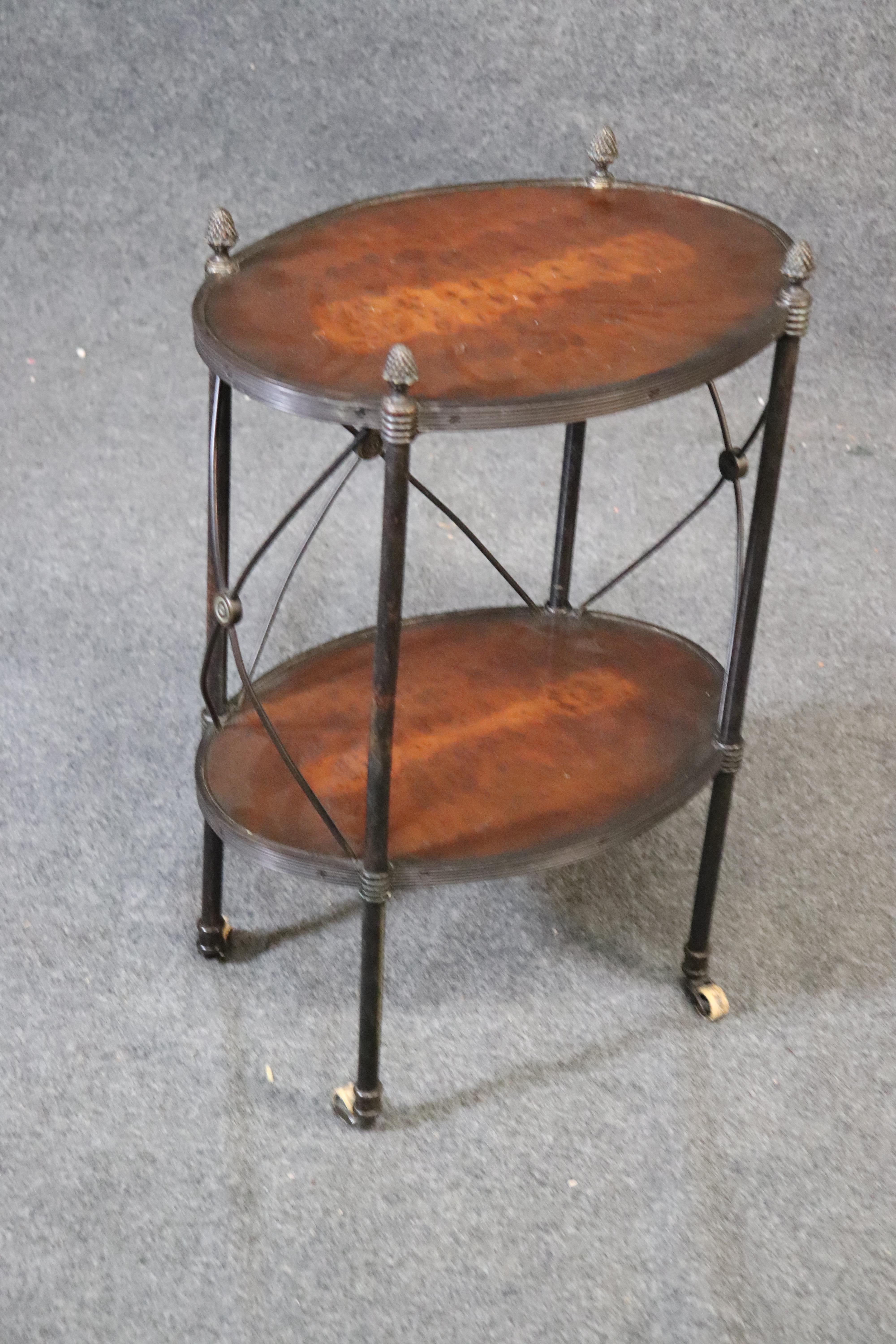 Small Wrought Iron and Walnut French Empire Taboret End Table Pineapple Finials 2