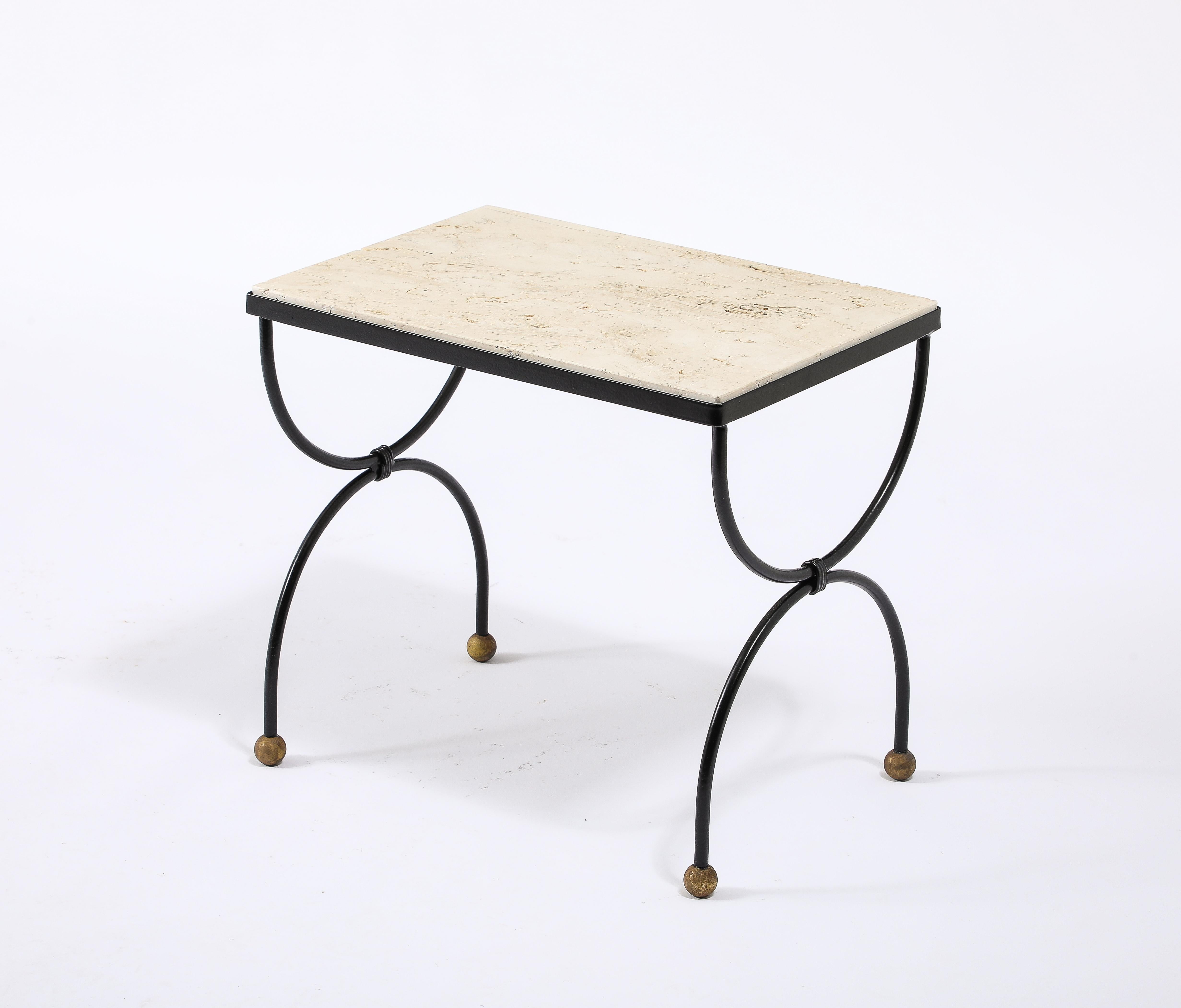 Small Wrought Iron & Travertine Curule End Table, France 1950's 7