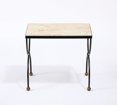 Small Wrought Iron & Travertine Curule End Table, France 1950's