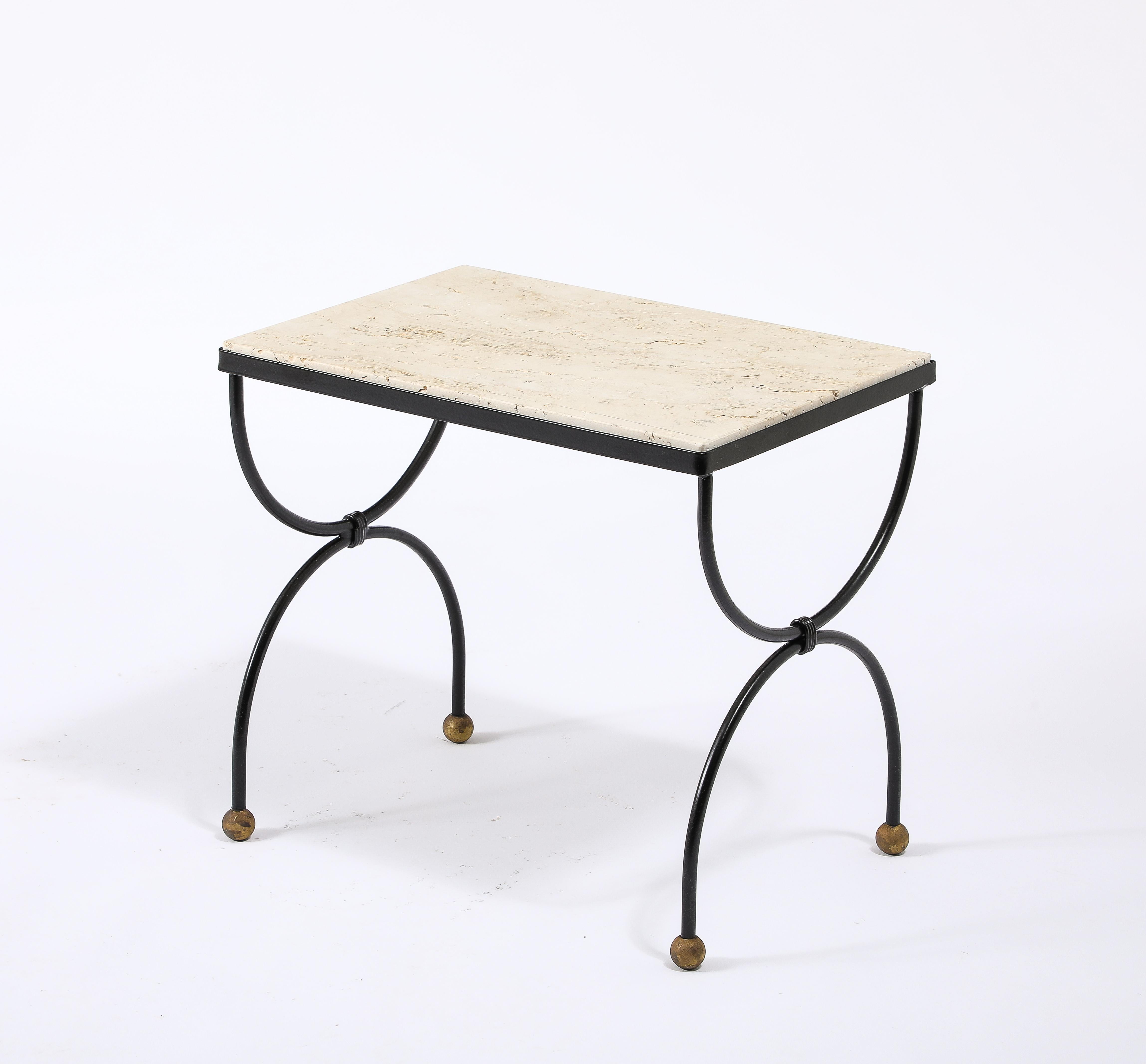 Mid-Century Modern Small Wrought Iron & Travertine Curule End Table, France 1950's For Sale