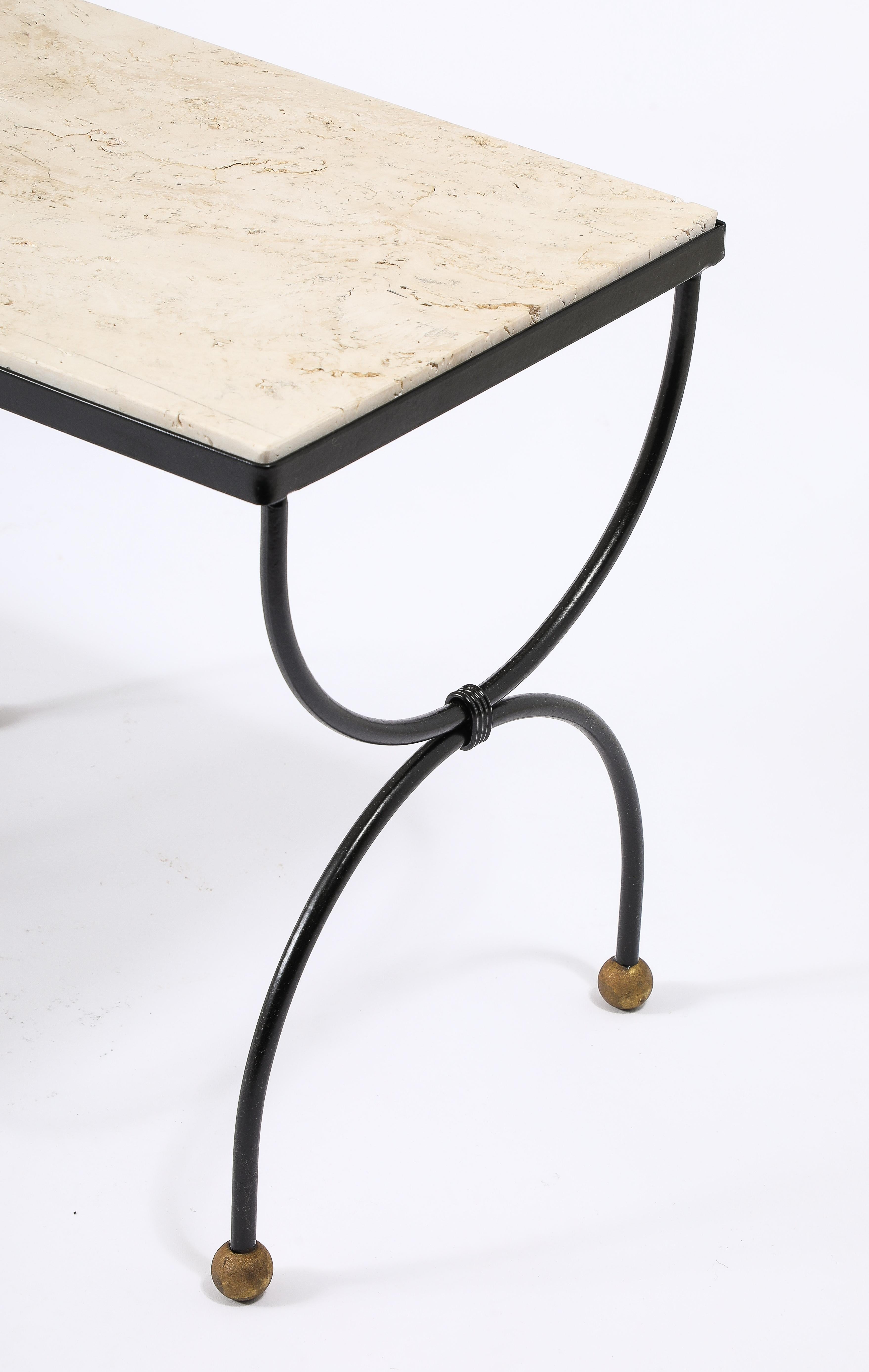 French Small Wrought Iron & Travertine Curule End Table, France 1950's