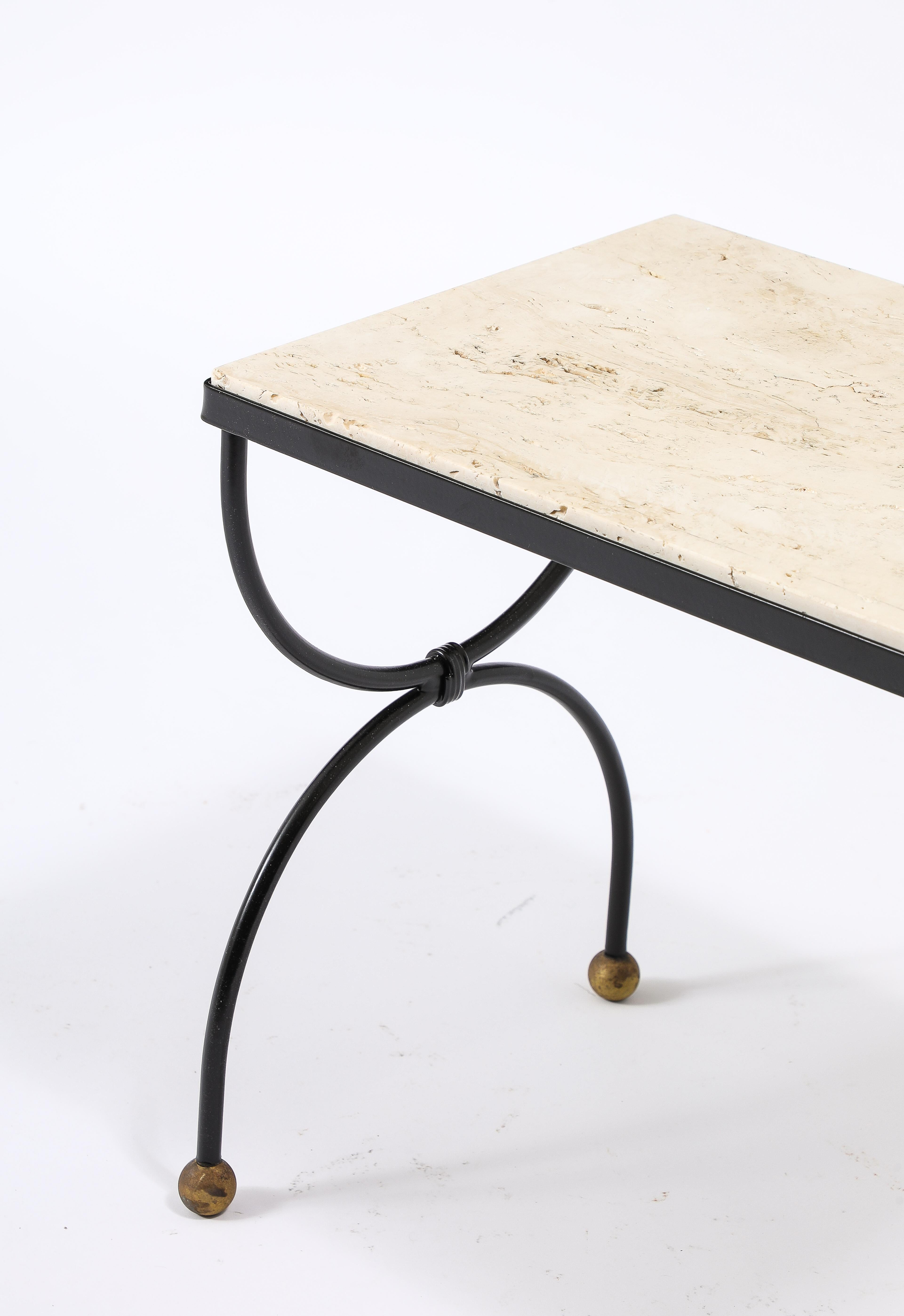 Small Wrought Iron & Travertine Curule End Table, France 1950's In Good Condition For Sale In New York, NY