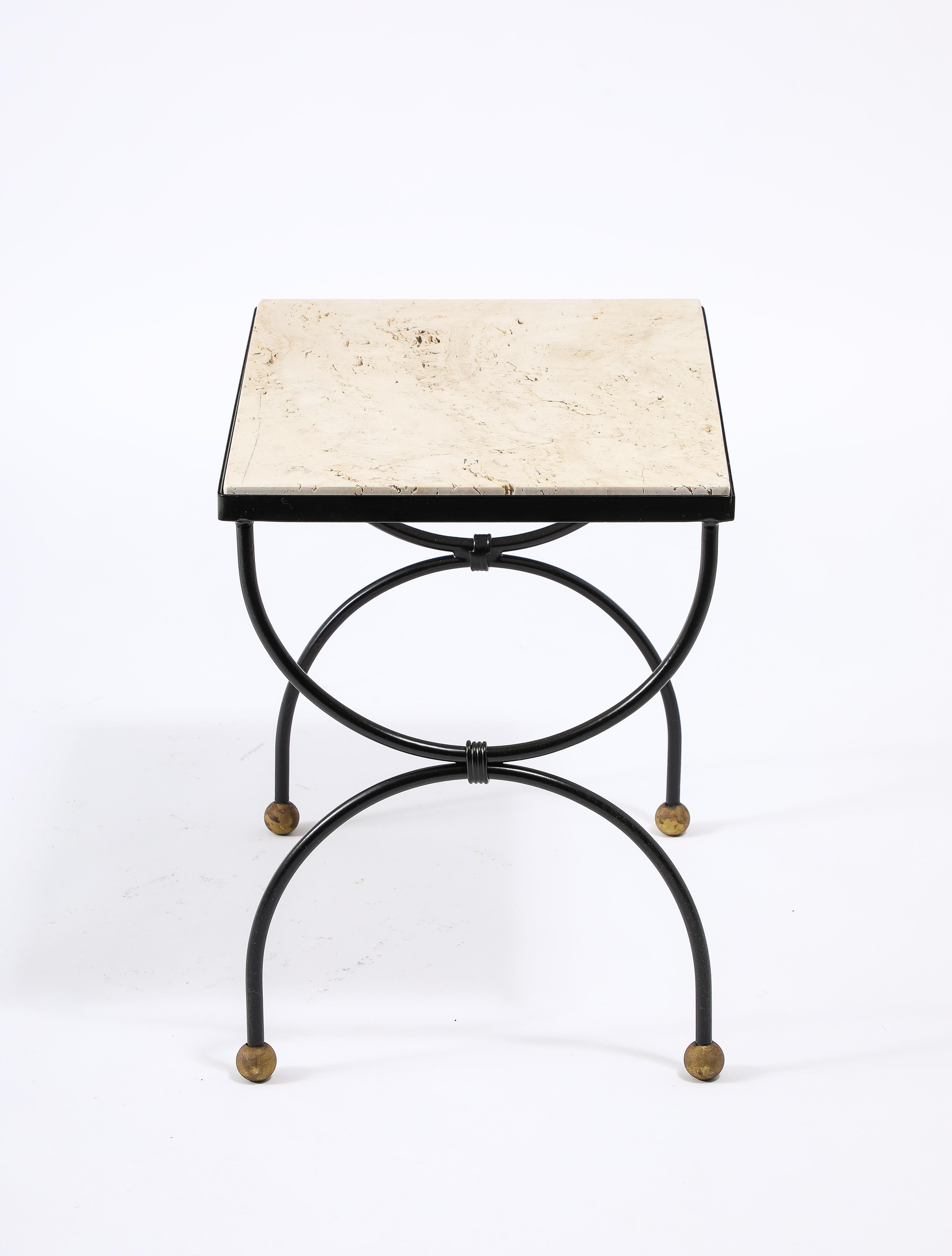 20th Century Small Wrought Iron & Travertine Curule End Table, France 1950's For Sale