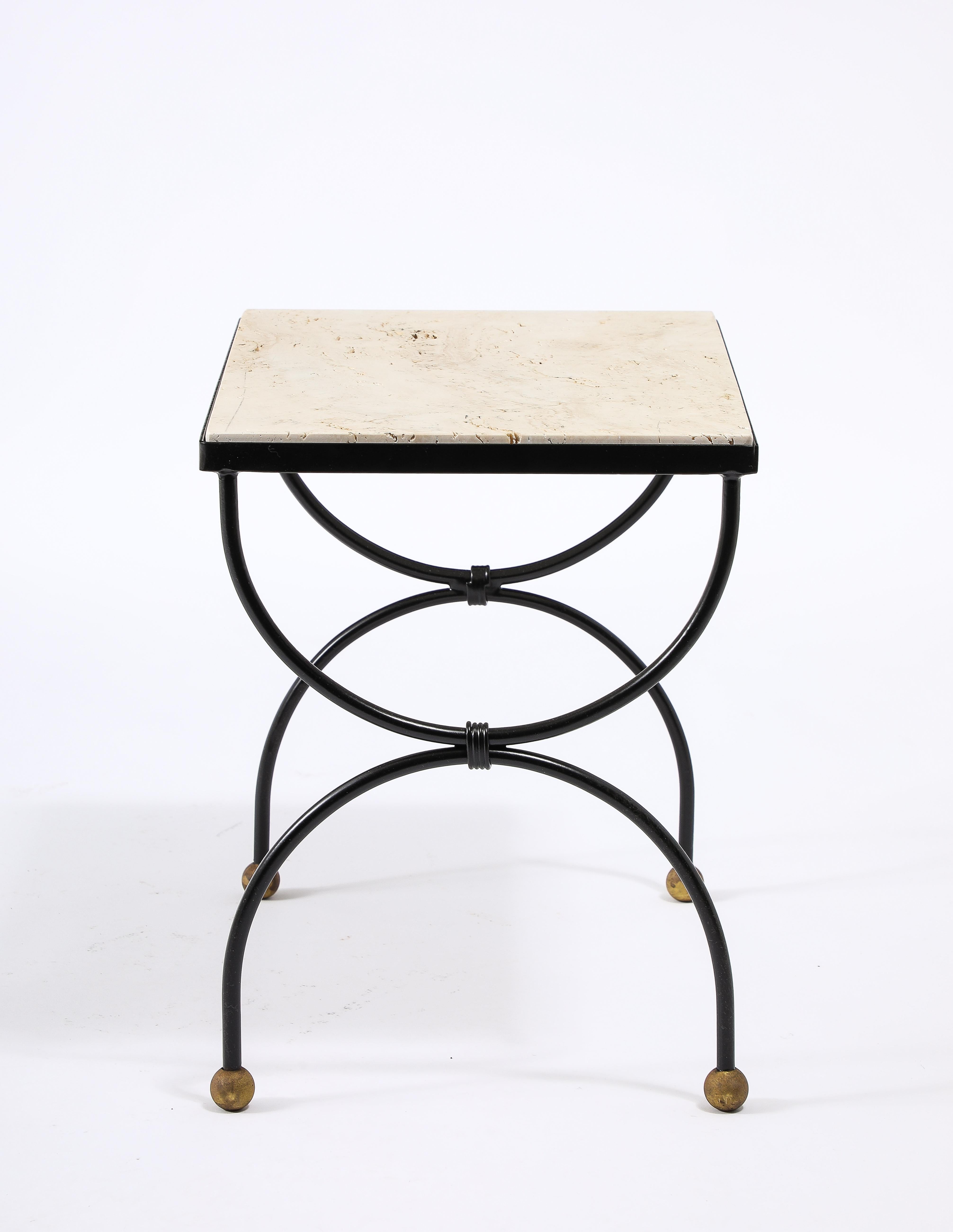 Small Wrought Iron & Travertine Curule End Table, France 1950's For Sale 1