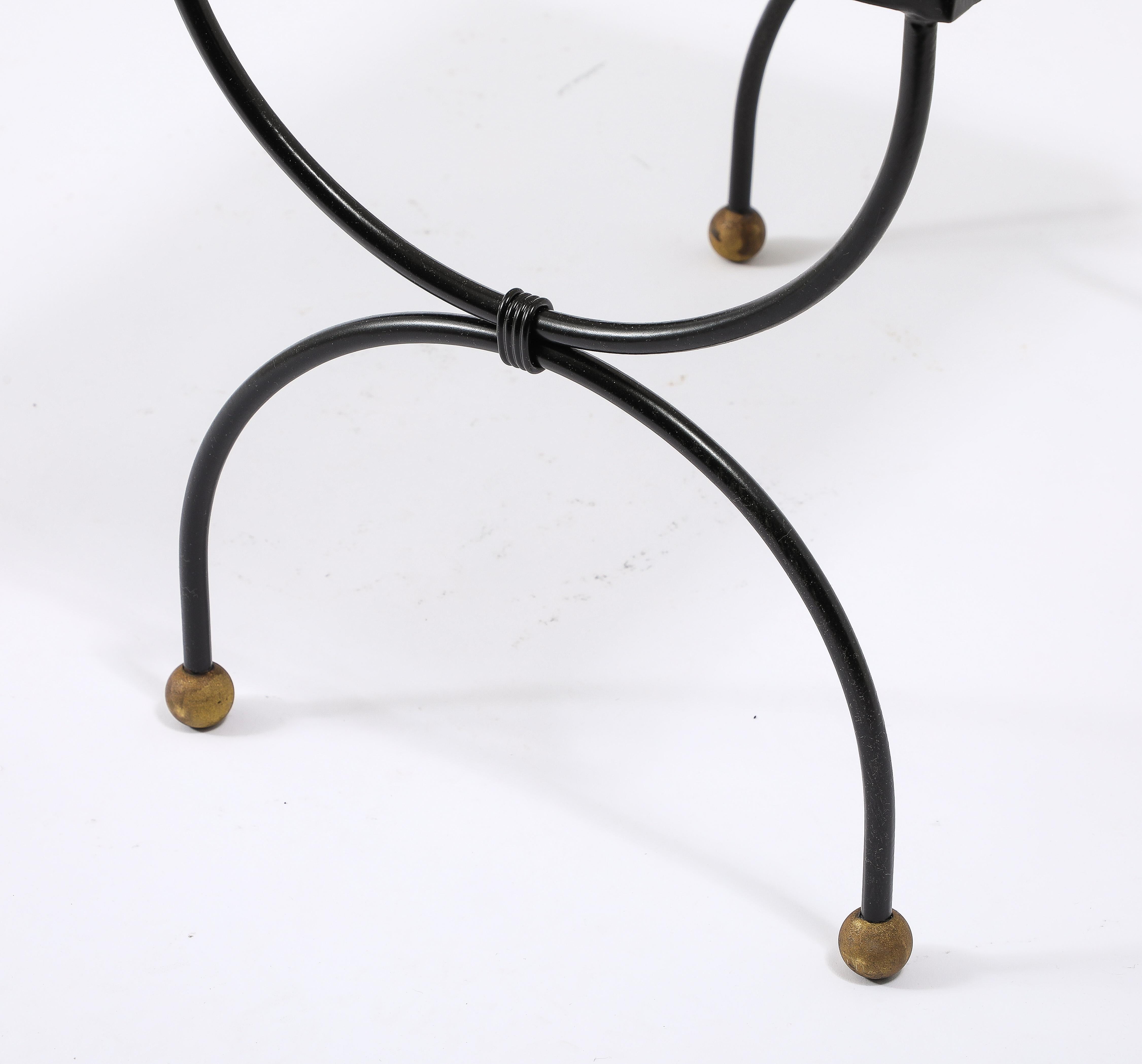 Small Wrought Iron & Travertine Curule End Table, France 1950's 2