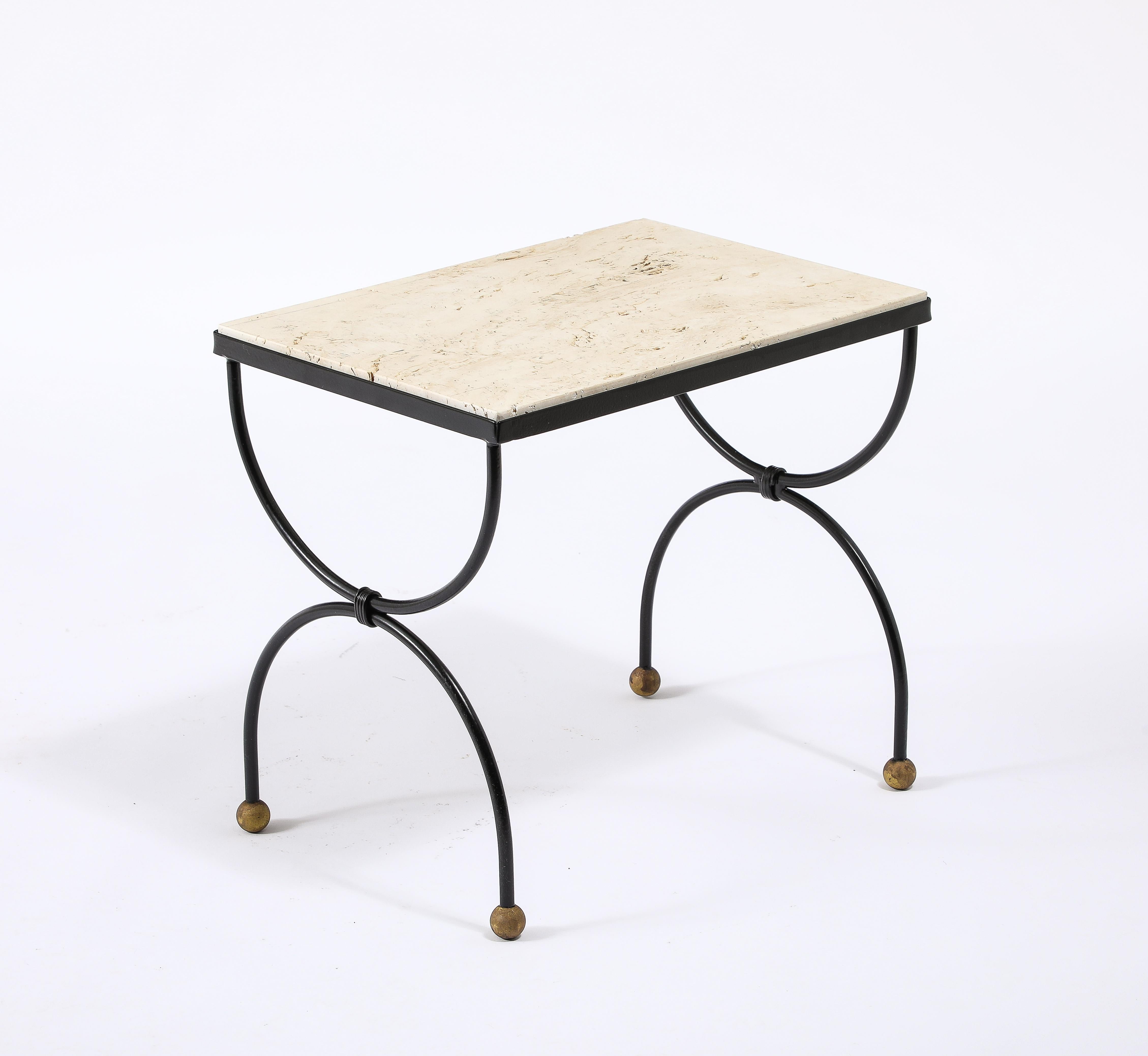 Small Wrought Iron & Travertine Curule End Table, France 1950's 3