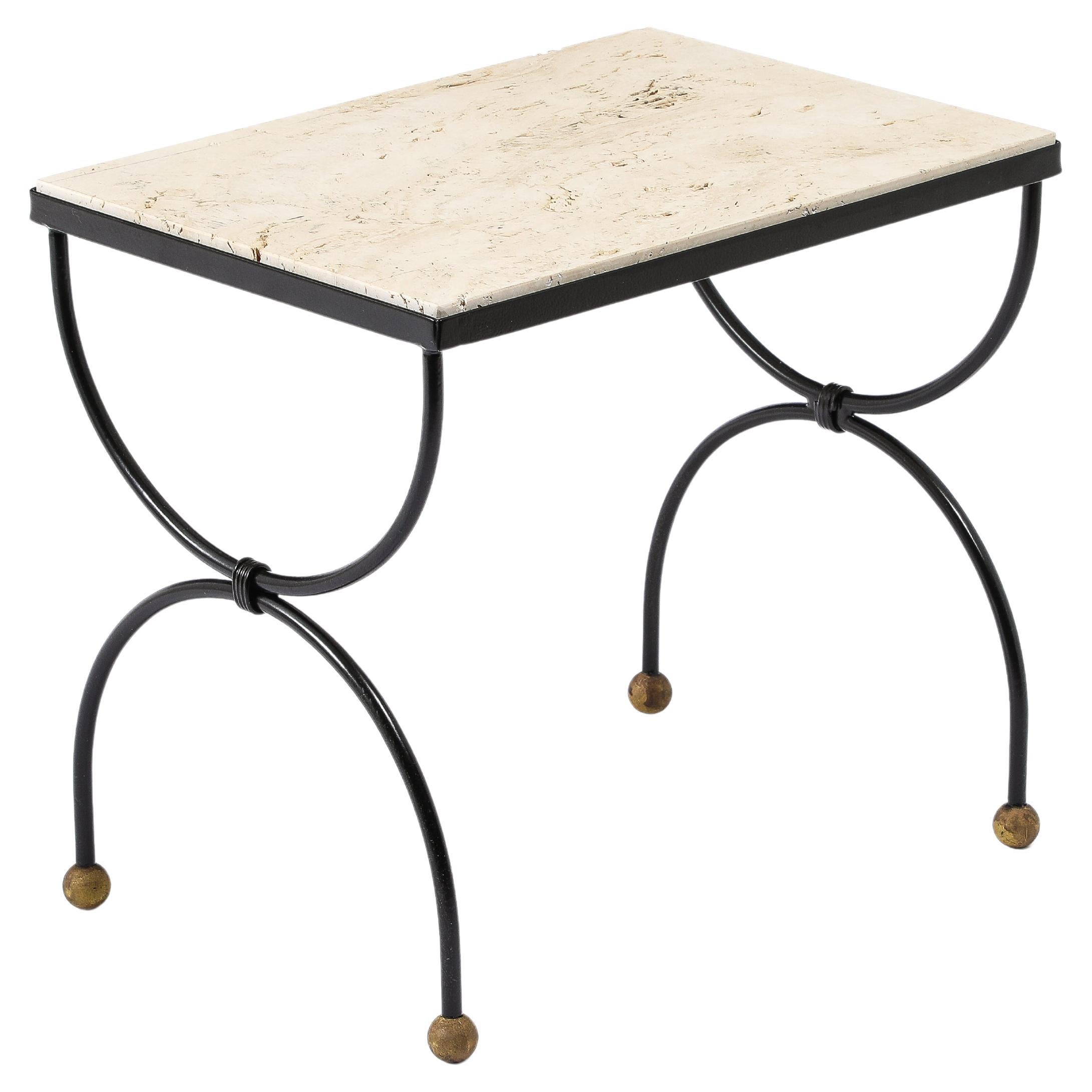 Small Wrought Iron & Travertine Curule End Table, France 1950's For Sale
