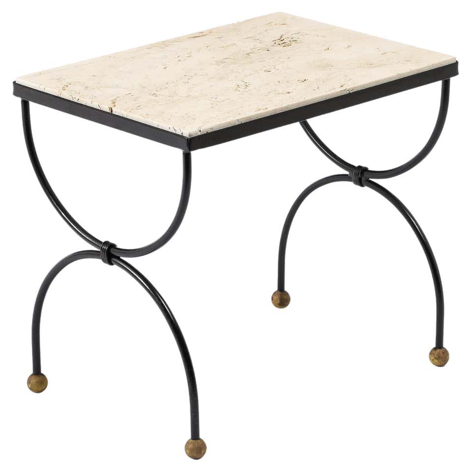 Jansen Travertine and Wrought Iron End Tables, France 1950's For Sale