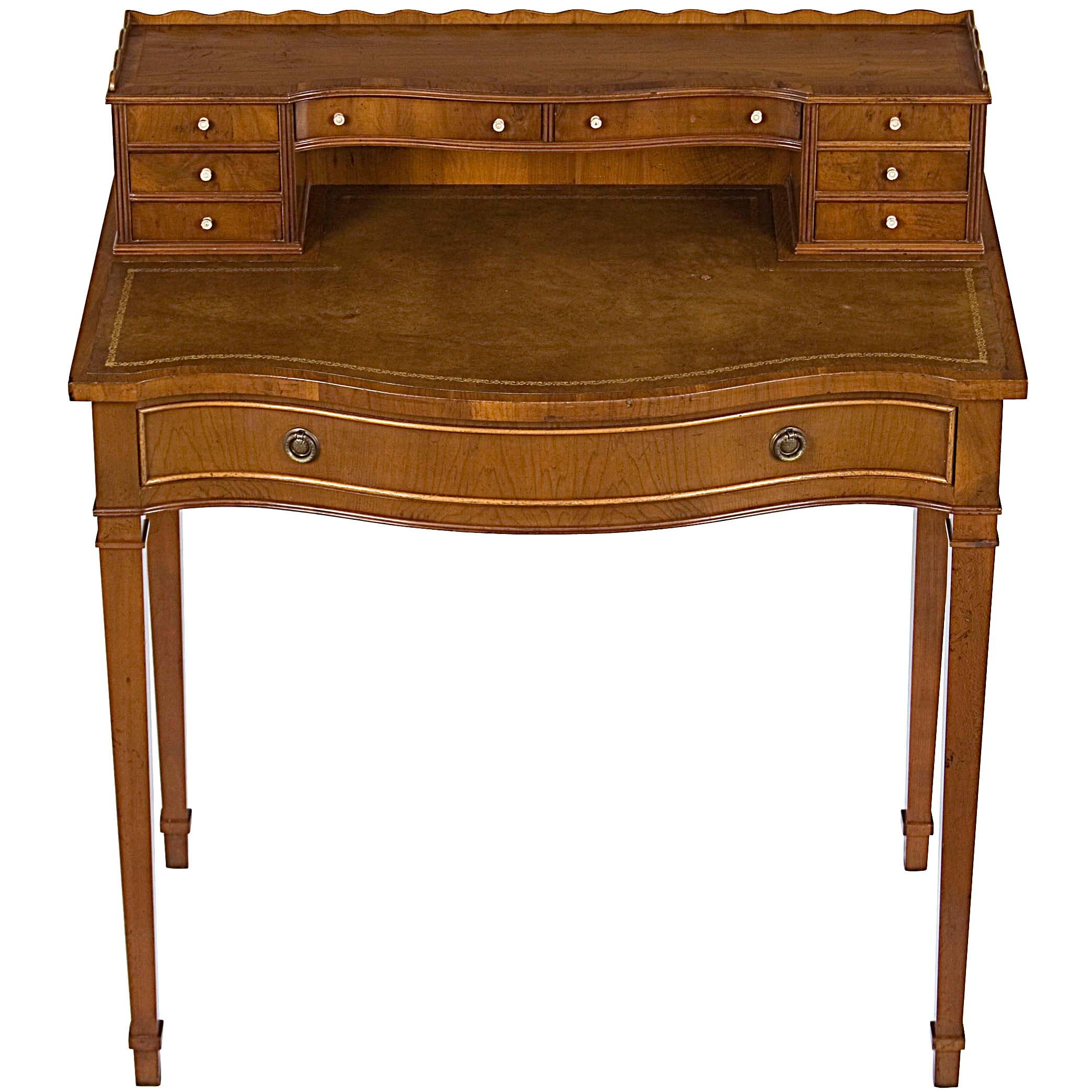 Small Yew Wood Leather Top Regency Style Writing Table Desk with Drawers
