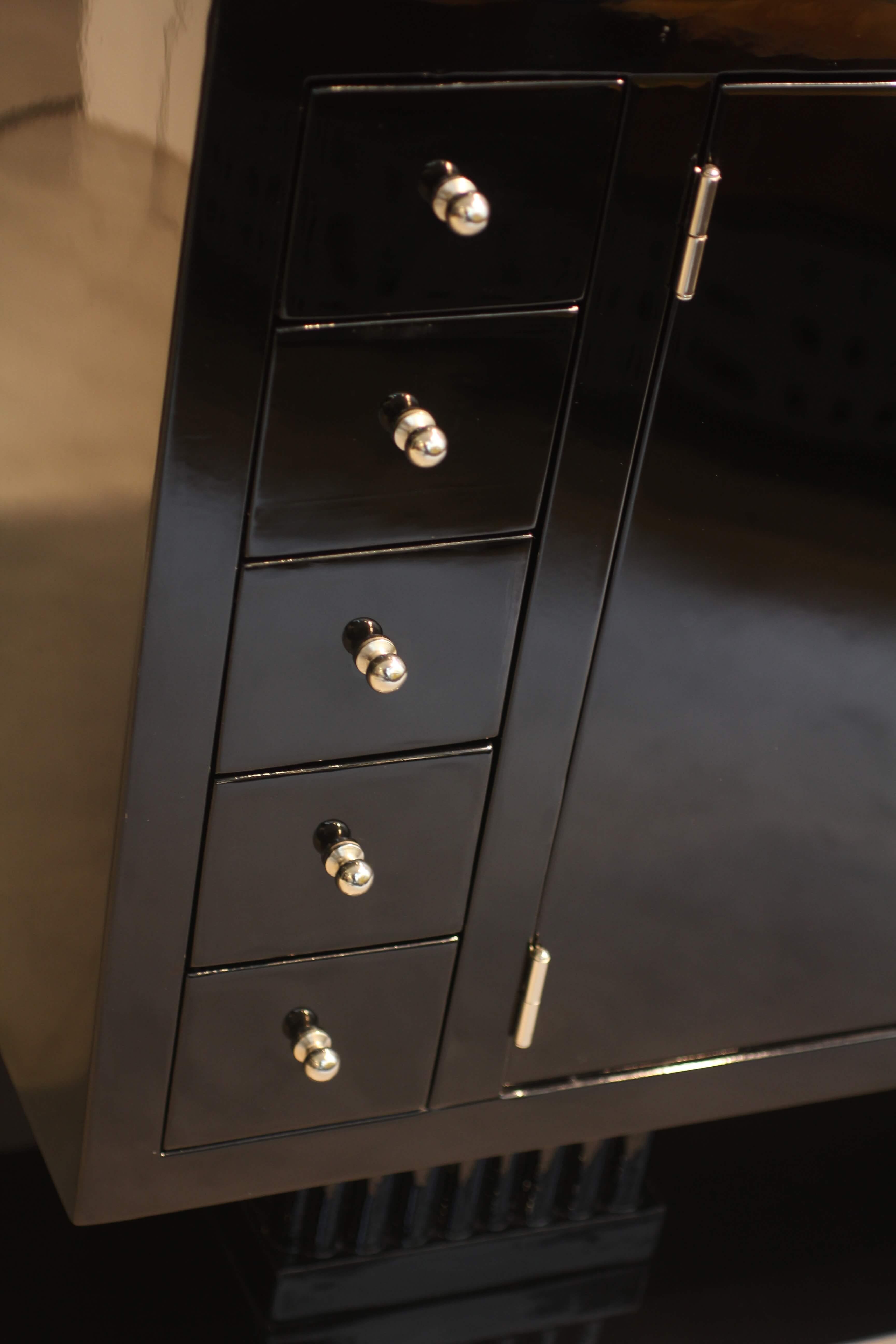 Metal Small Art Deco Sideboard with Drawers, Black Piano Lacquer, France, circa 1930