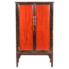 Smaller Chinese Ming-Style Cabinet with Org. Red-Black Lacquer, Fujian Province