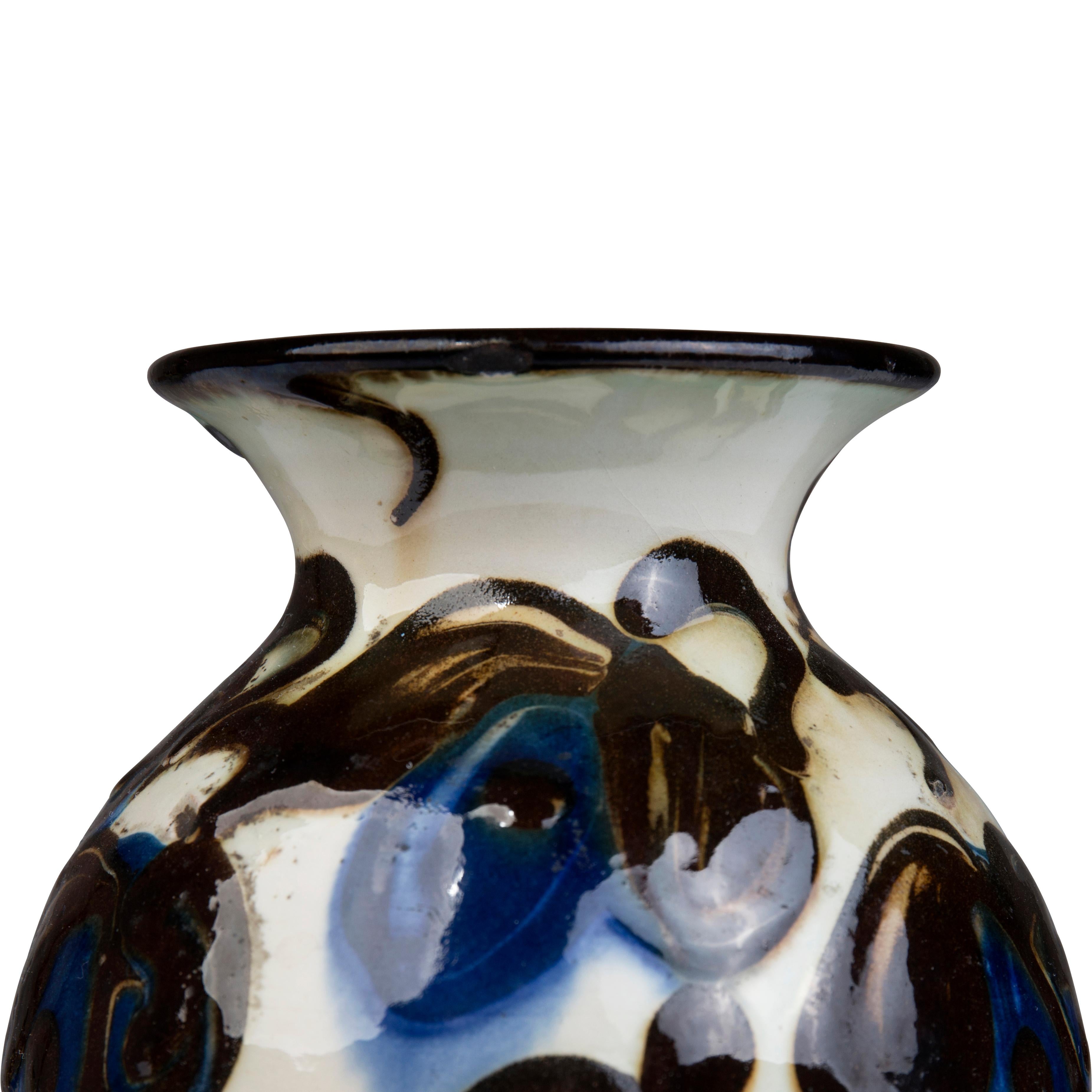 Scandinavian Modern Smaller Danish horn-decorated earthenware vase with blue flowers on a light base For Sale