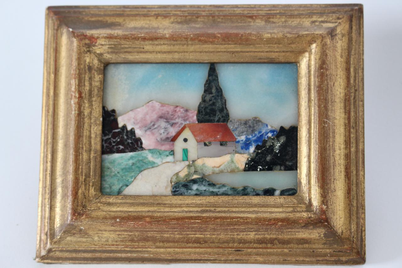 Painted Smaller G. Ugolini Pietra Dura Framed Natural Stone Landscape Wall Art, 1950's