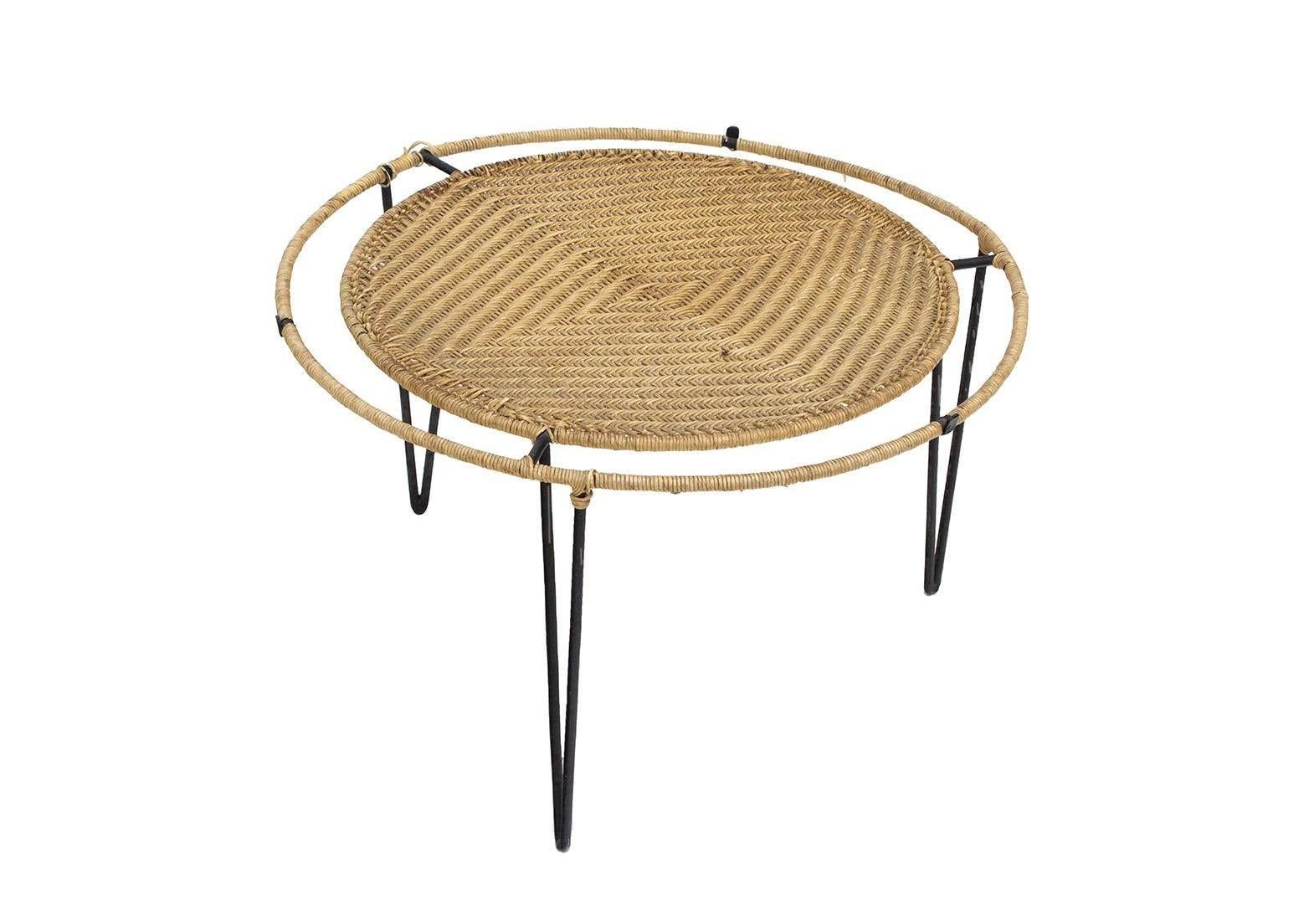American Smaller Scale Iron and Raffia Coffee Table For Sale