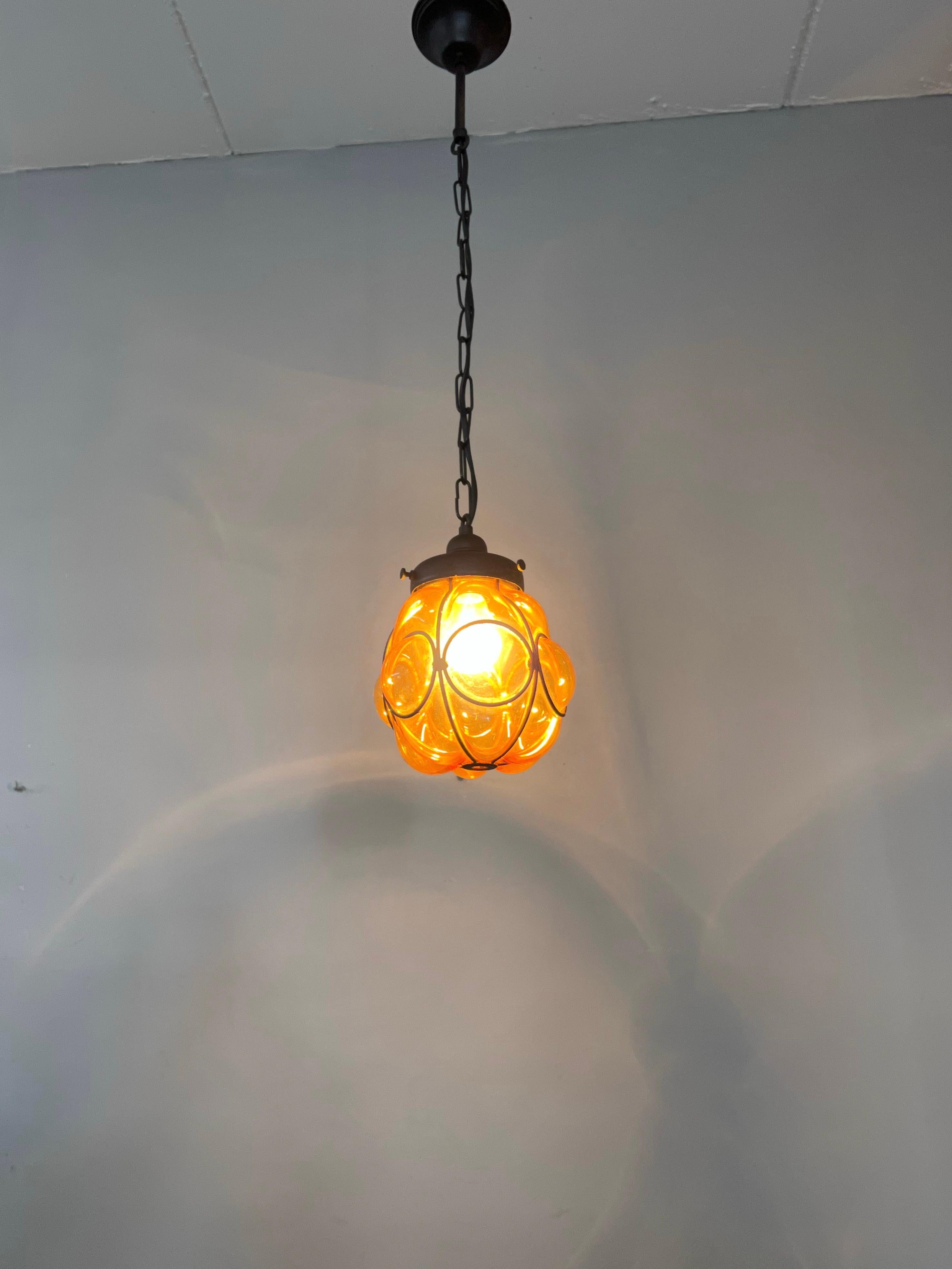 Smallest Venetian Hall Pendant Light, Mouth Blown Glass into Wrought Iron Frame For Sale 4