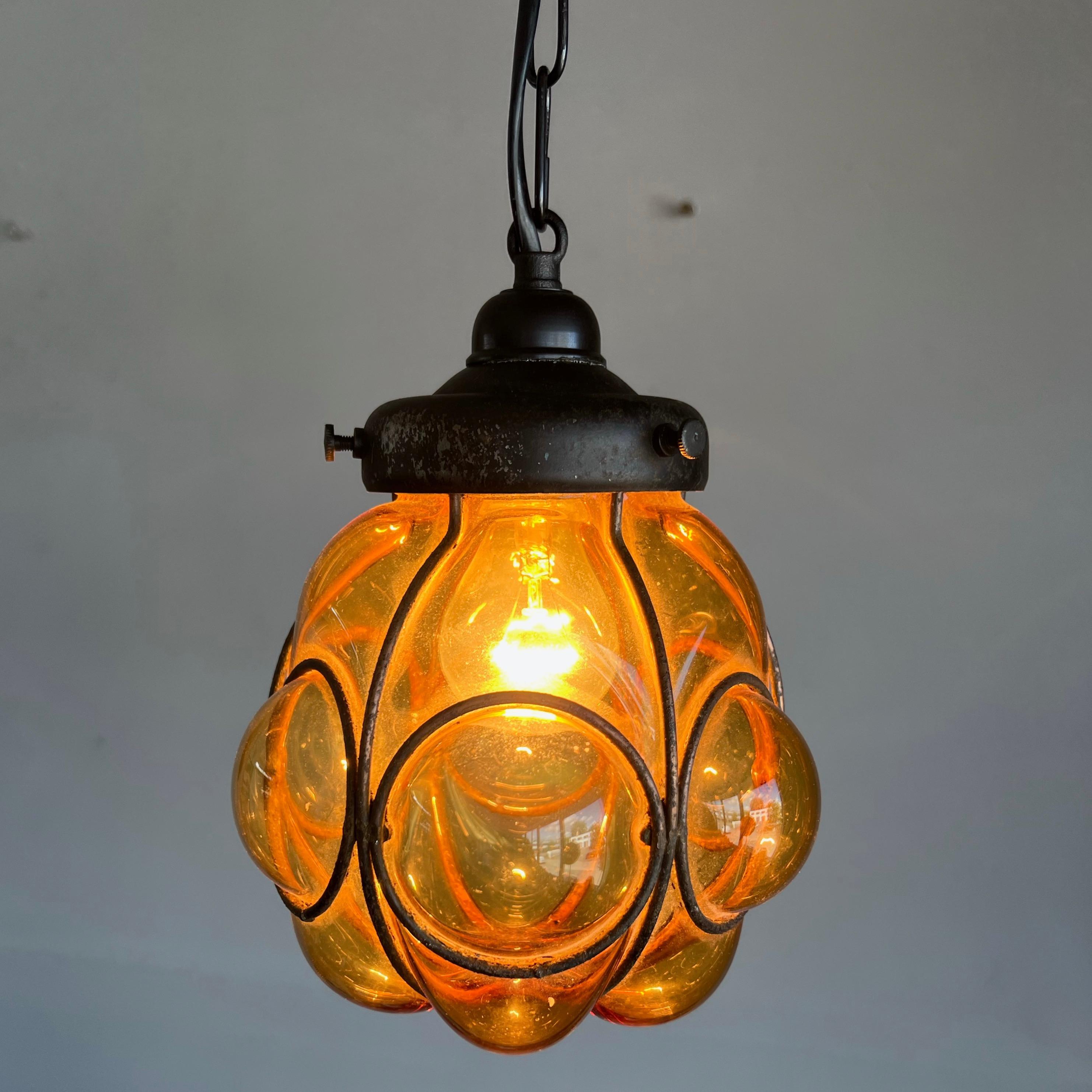 Smallest Venetian Hall Pendant Light, Mouth Blown Glass into Wrought Iron Frame For Sale 5