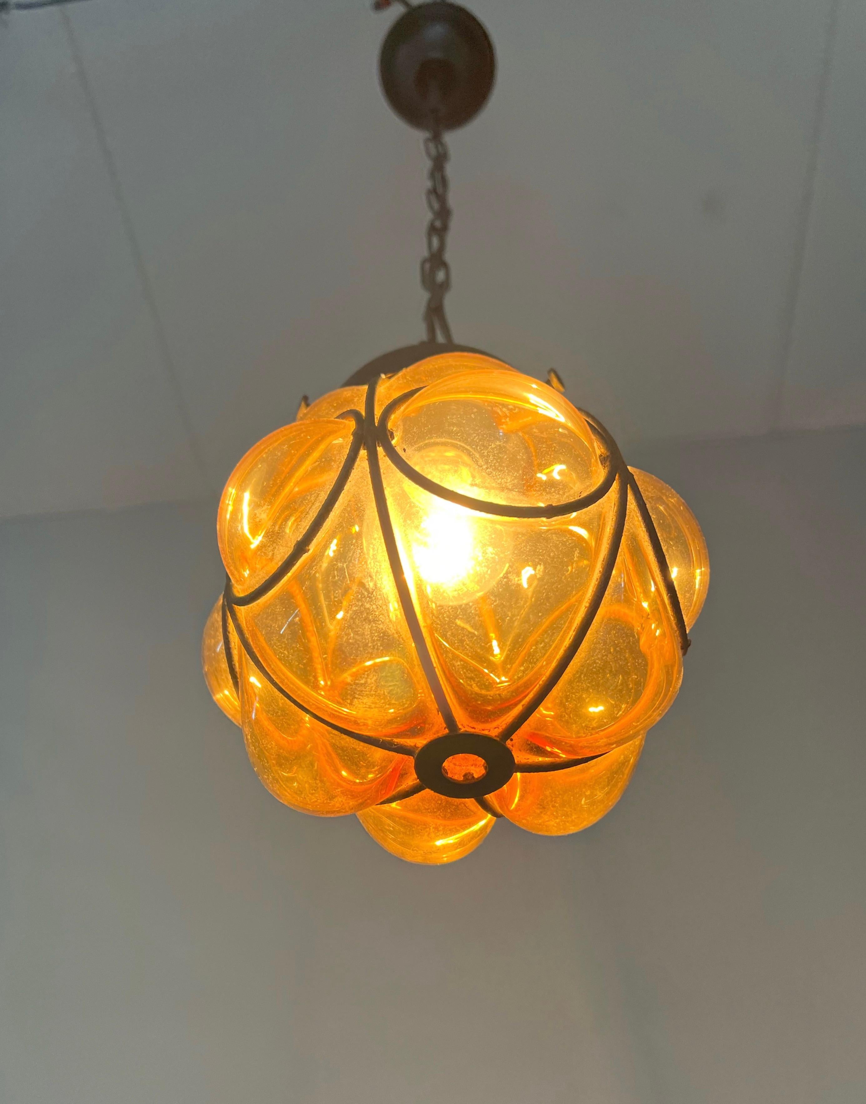 Smallest Venetian Hall Pendant Light, Mouth Blown Glass into Wrought Iron Frame For Sale 10