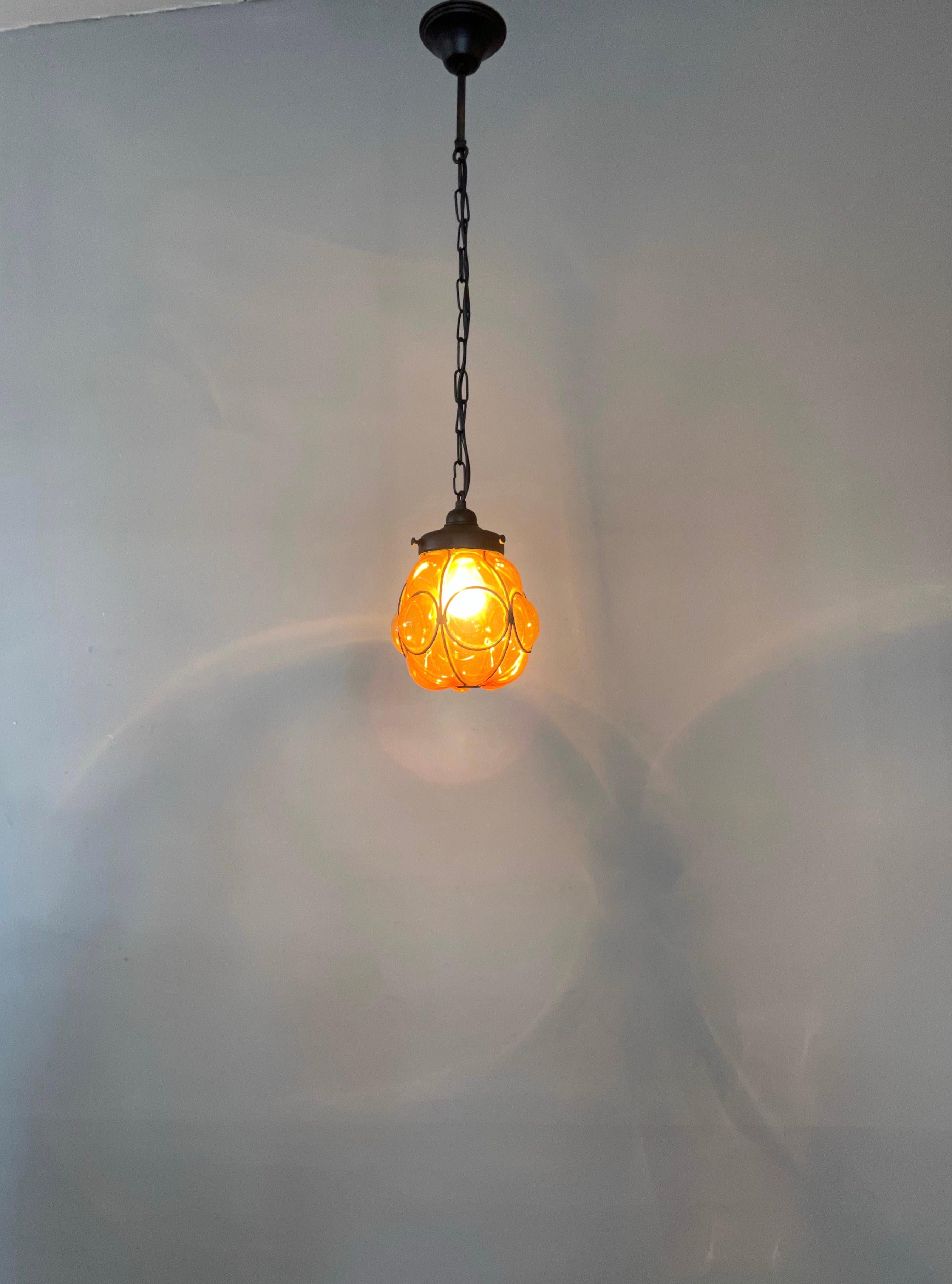 Smallest Venetian Hall Pendant Light, Mouth Blown Glass into Wrought Iron Frame For Sale 12
